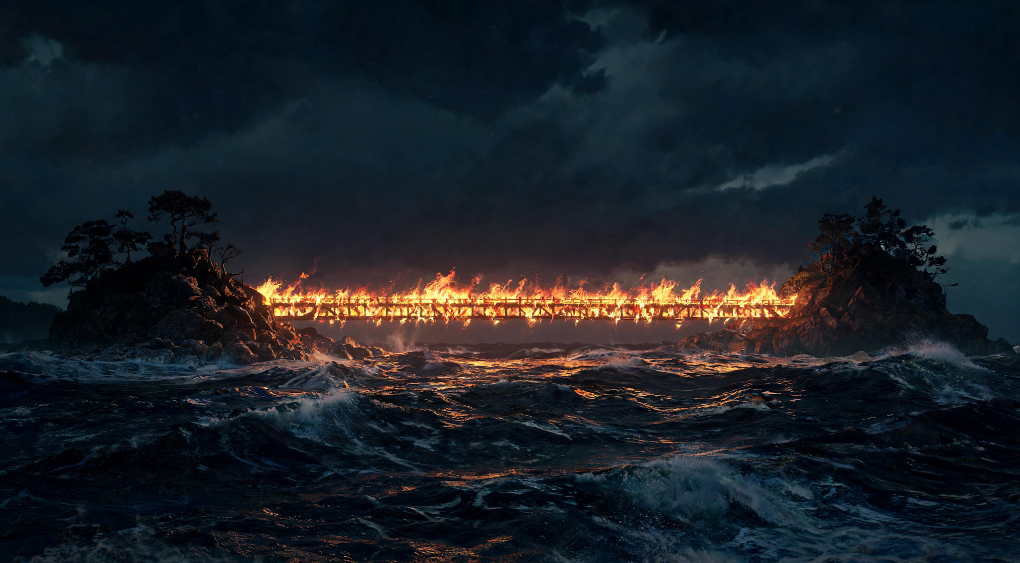A wooden bridge on fire connecting two rocky islands amidst a stormy sea