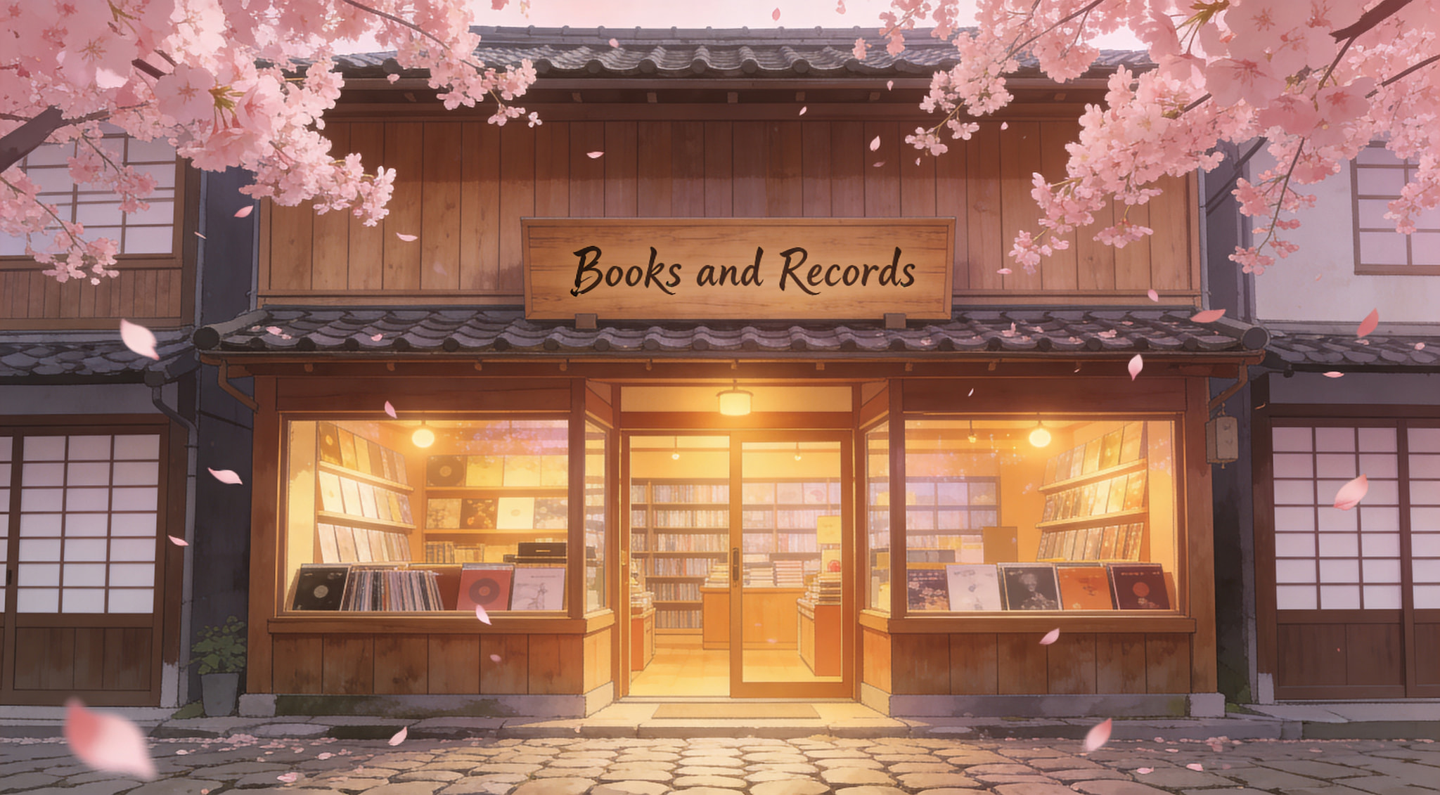 A cozy bookstore and record shop with a wooden facade under cherry blossom trees.