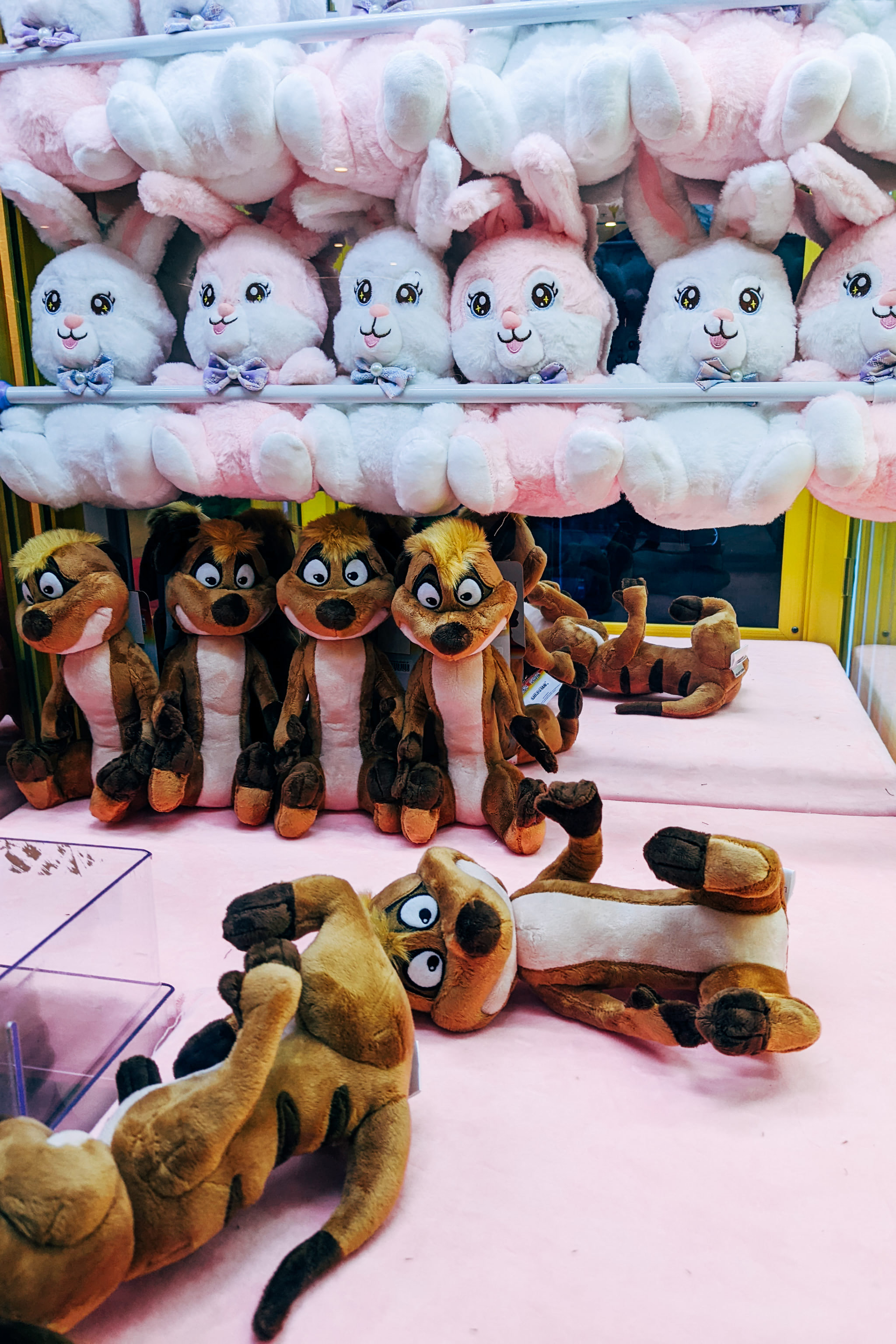 A close-up view of a claw machine filled with plush rabbit and meerkat toys.