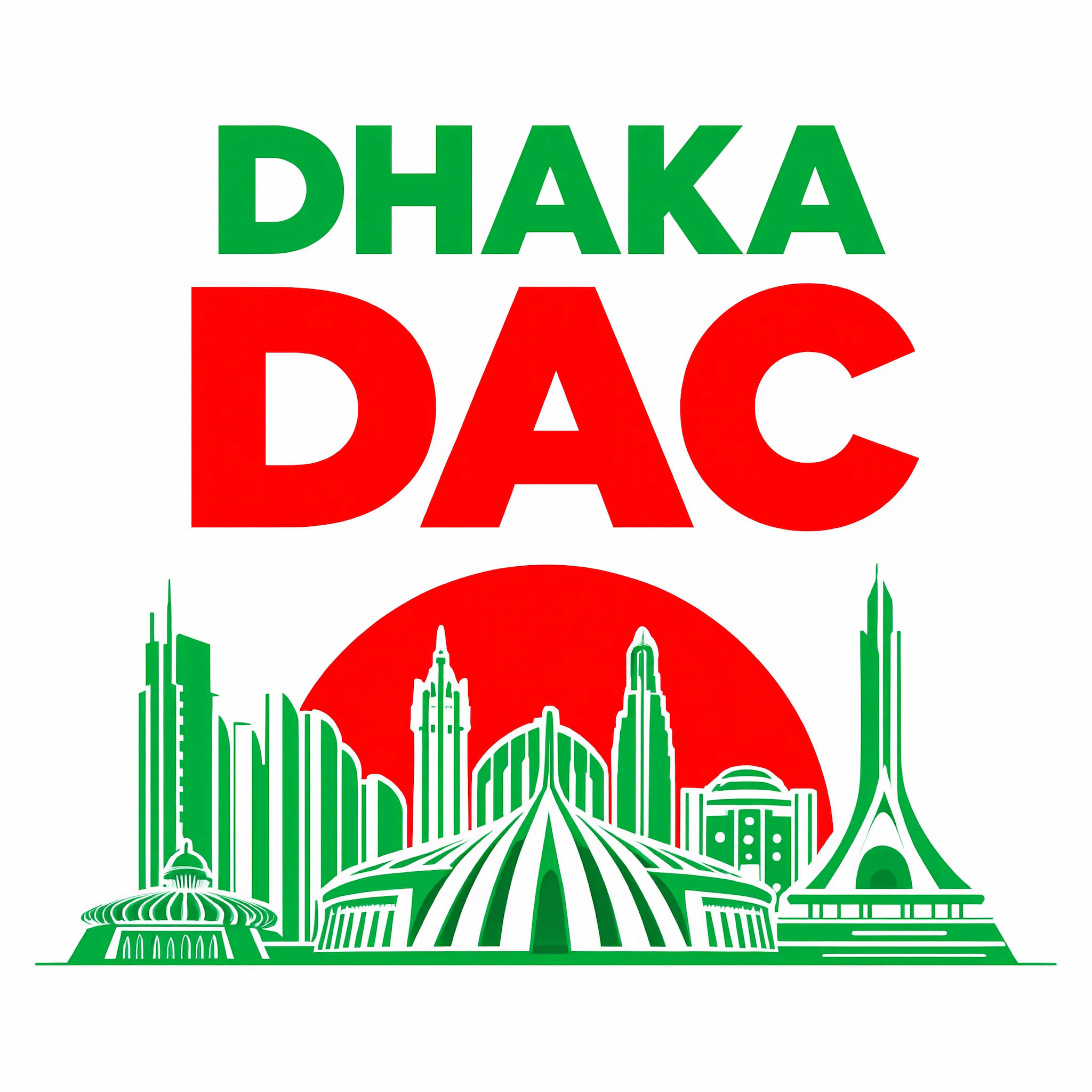 Dhaka city skyline graphic with red and green colors