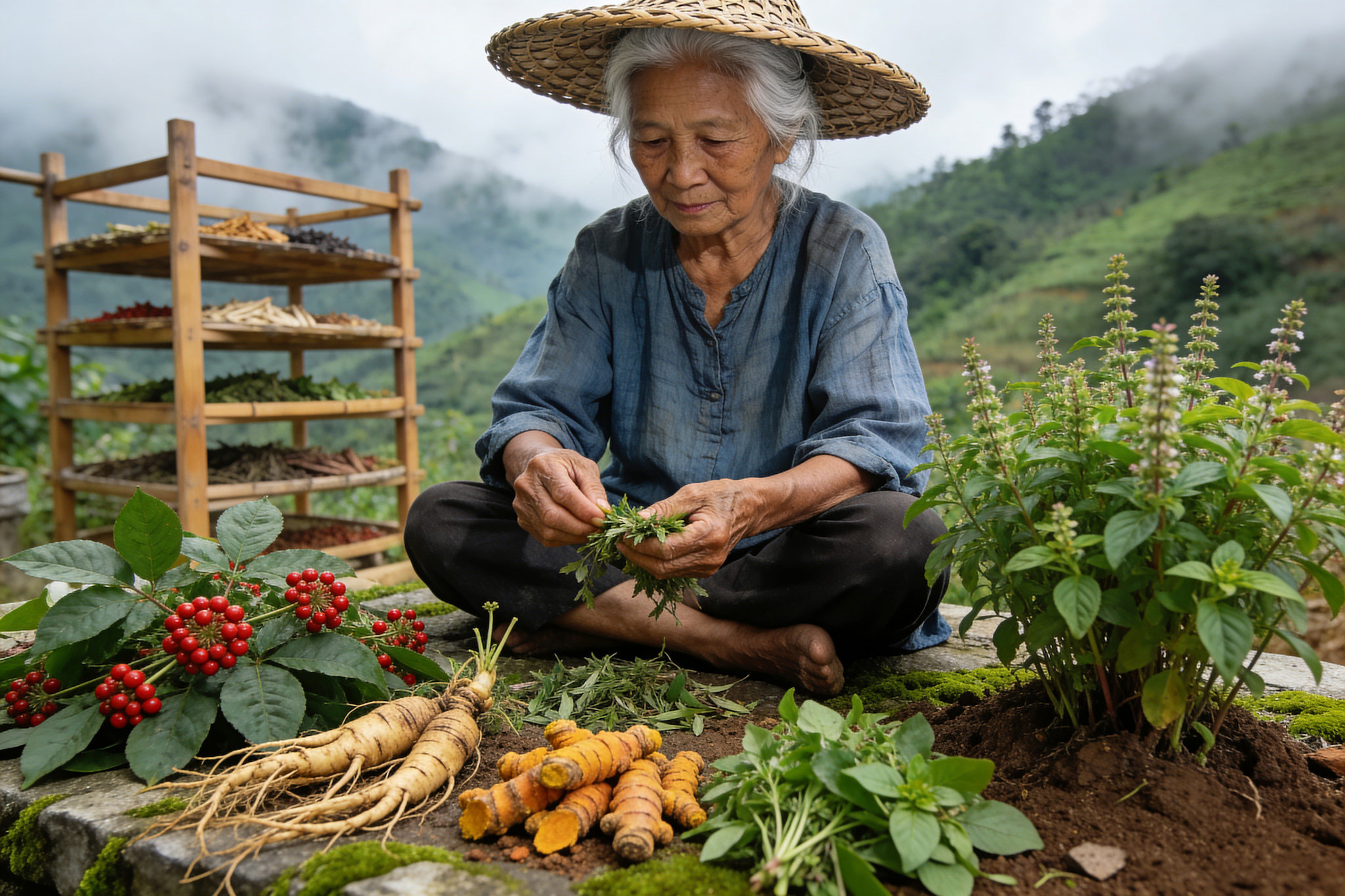 An elderly woman with grey hair wearing a straw hat preparing medicinal herbs in a mountainous setting.