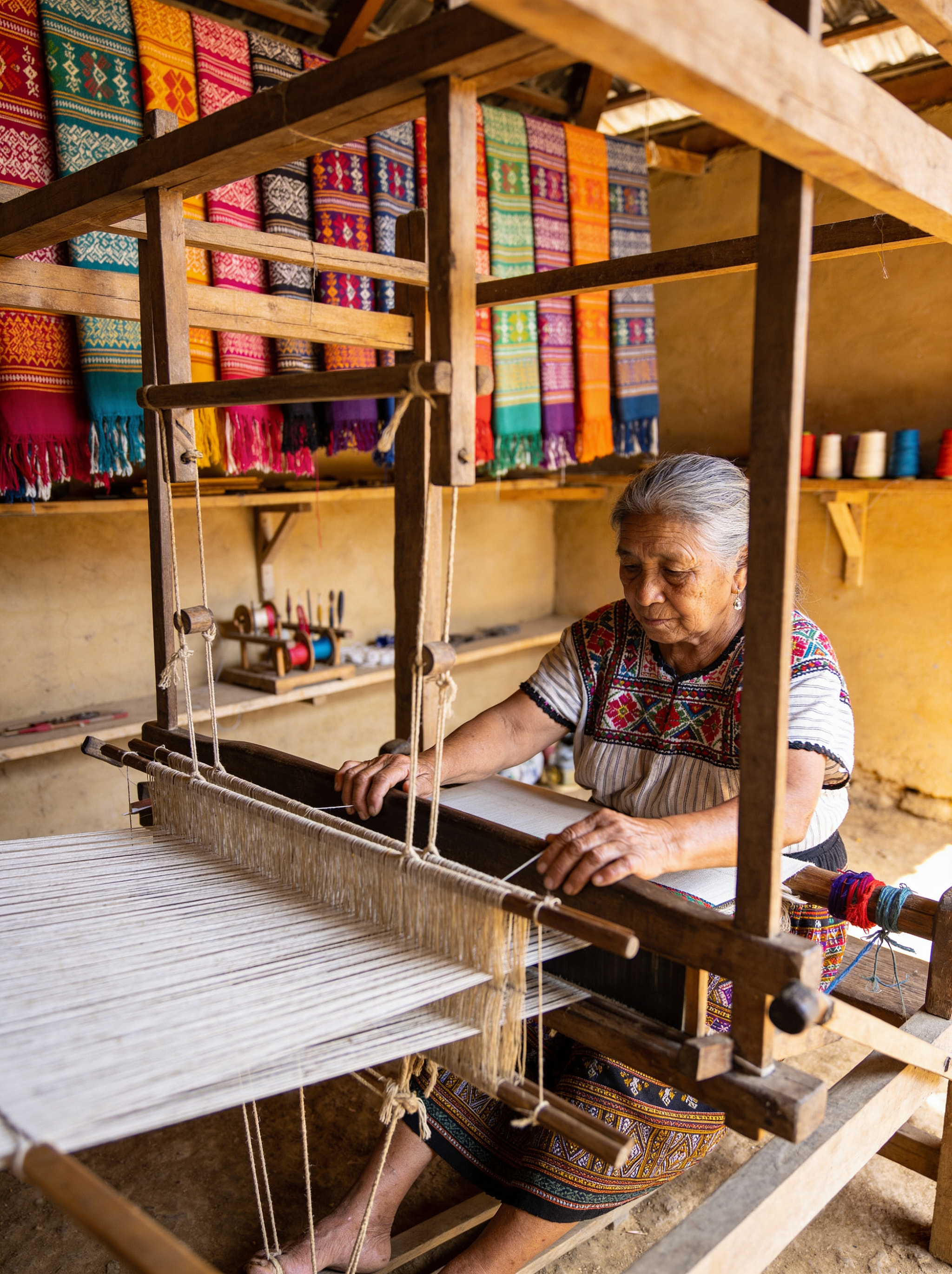 An elderly indigenous woman weaving textile on a traditional wooden loom.