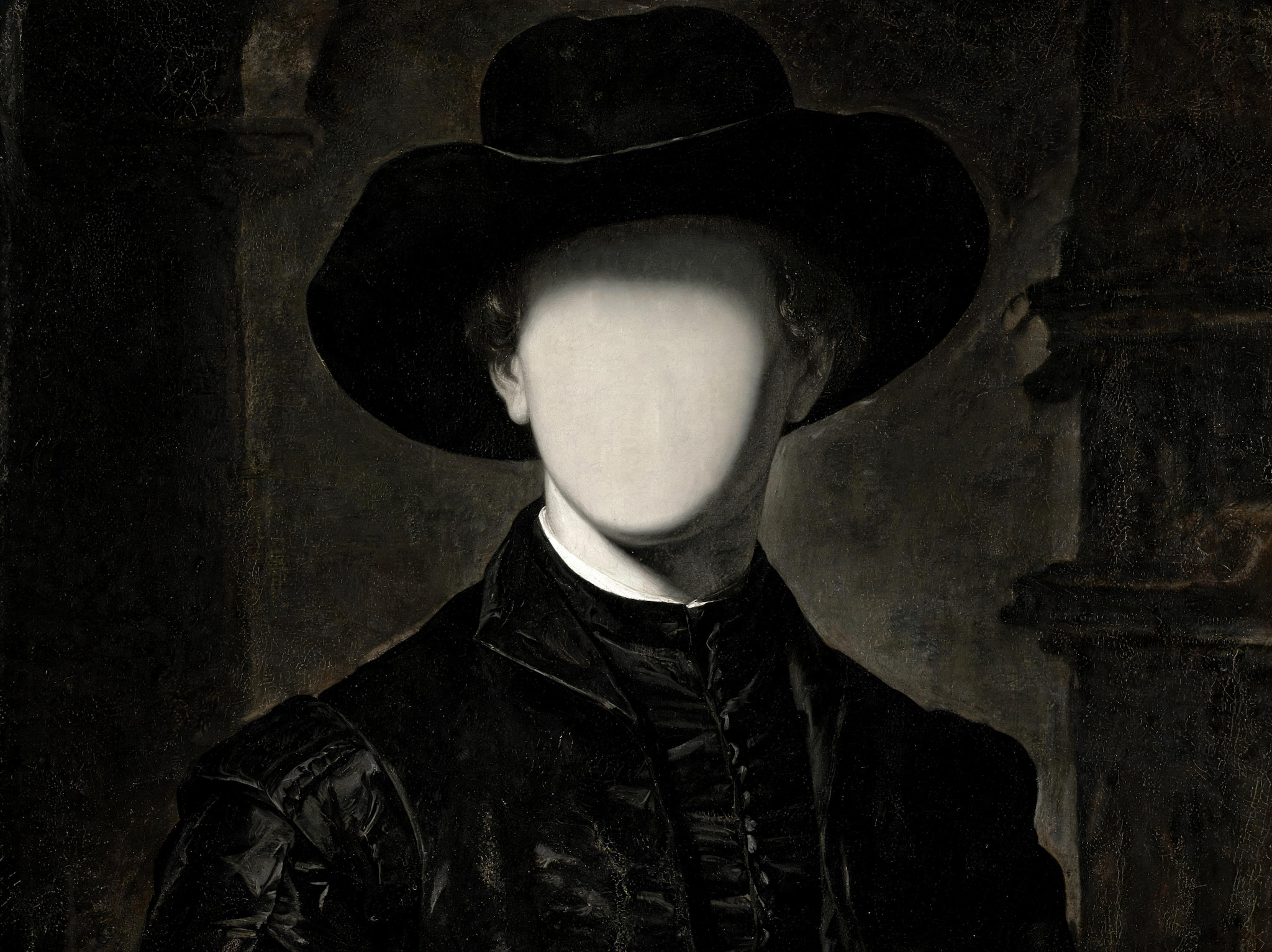 Portrait of a man in a black hat and coat with a blank white face