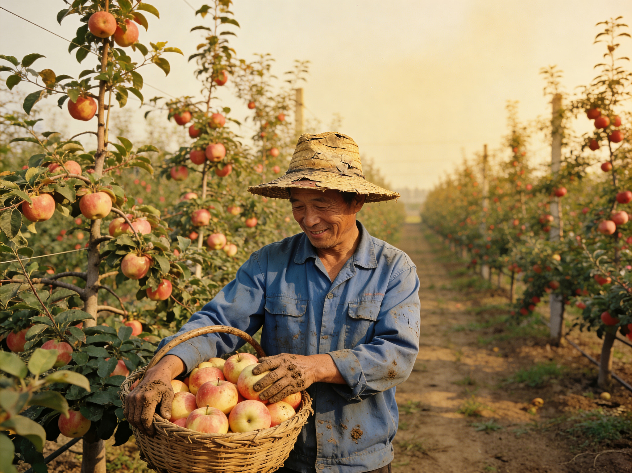 smiling farmer holding a basket of freshly picked red apples in an orchard