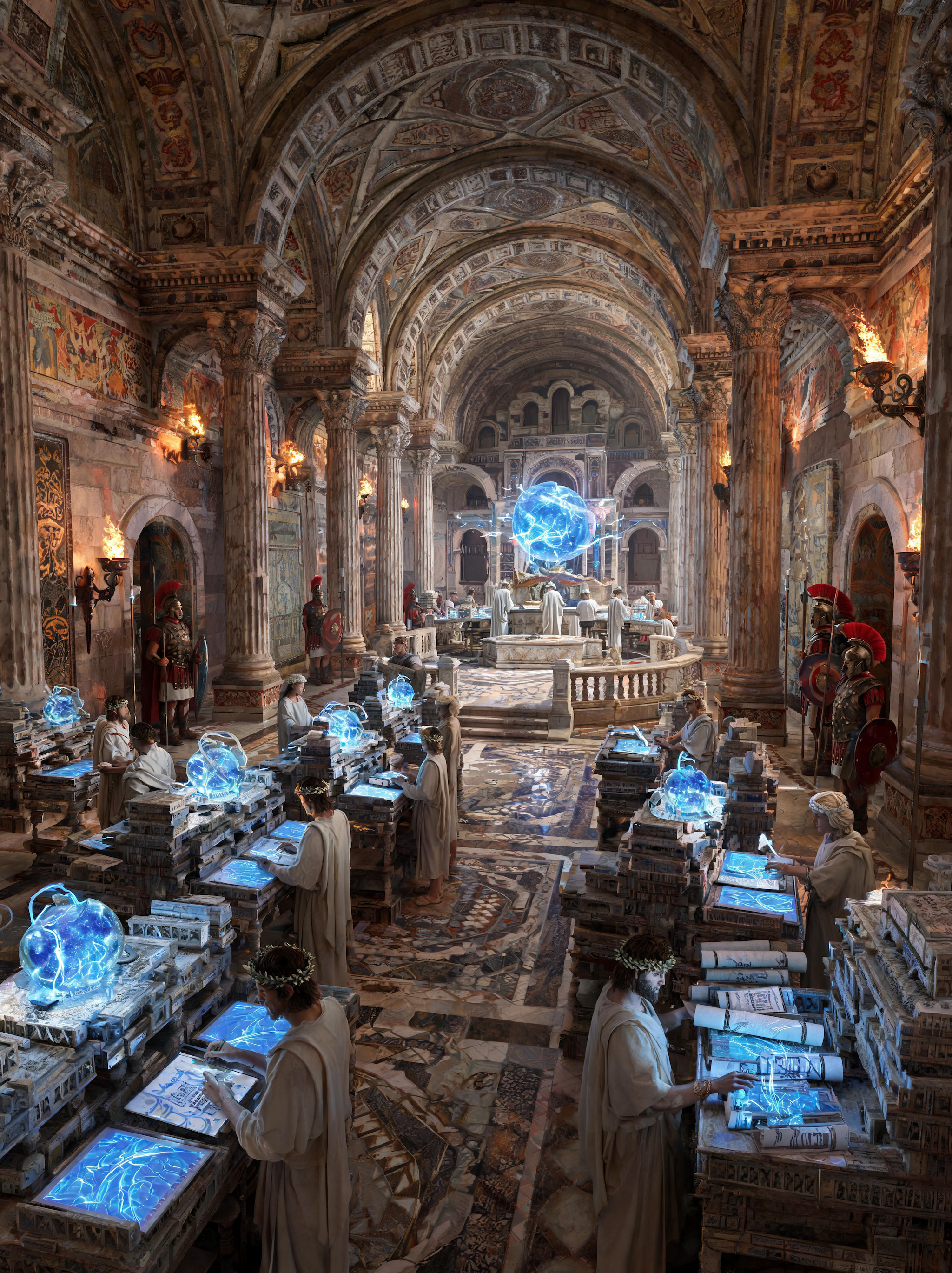 Ancient Roman scholars studying glowing magical artifacts in a grand ornate temple hall.