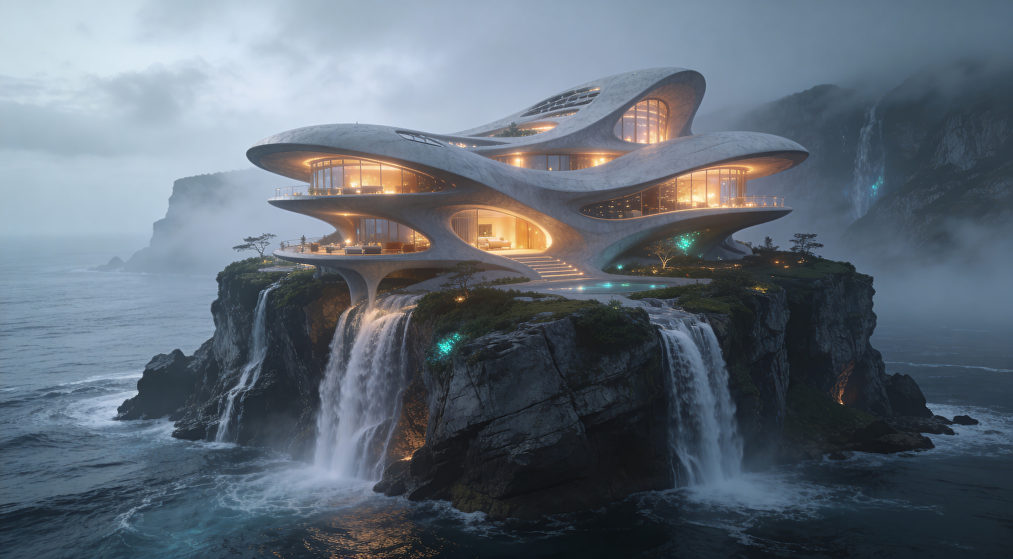 Futuristic modern mansion perched on a rocky island cliff with multiple waterfalls overlooking the ocean.
