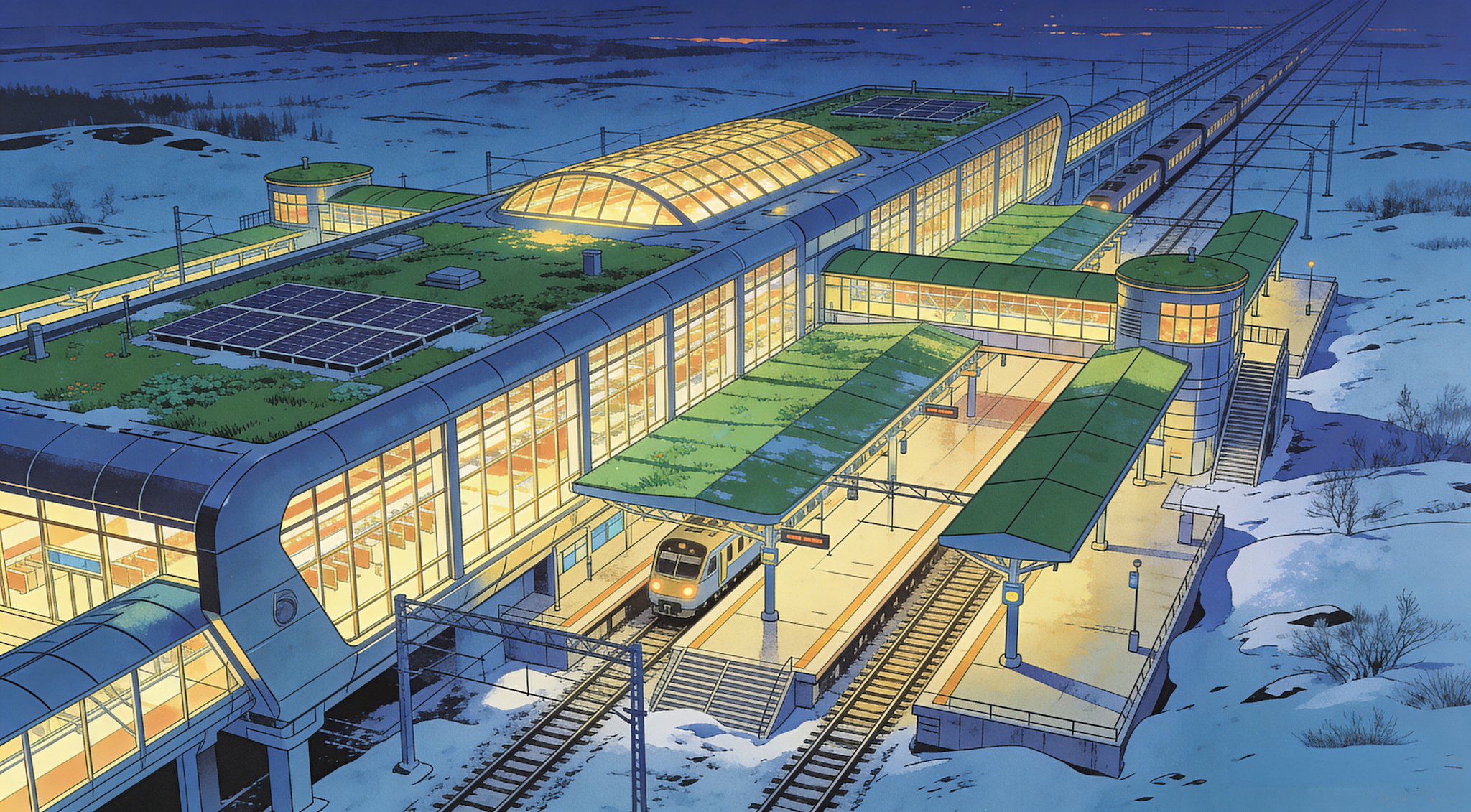 Illustration of a modern train station with green roofs and solar panels in a snowy landscape at dusk.