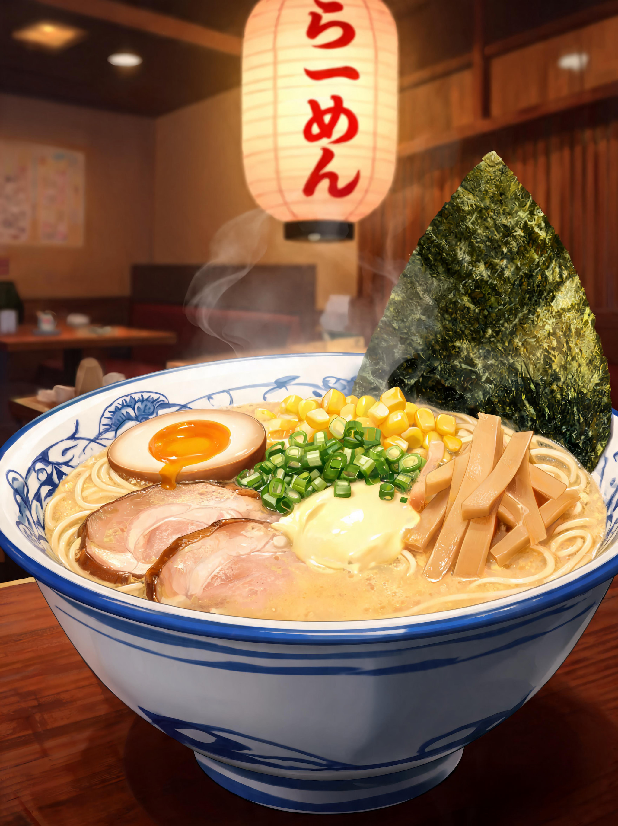 A bowl of Japanese ramen with various toppings and a Japanese lantern in the background.