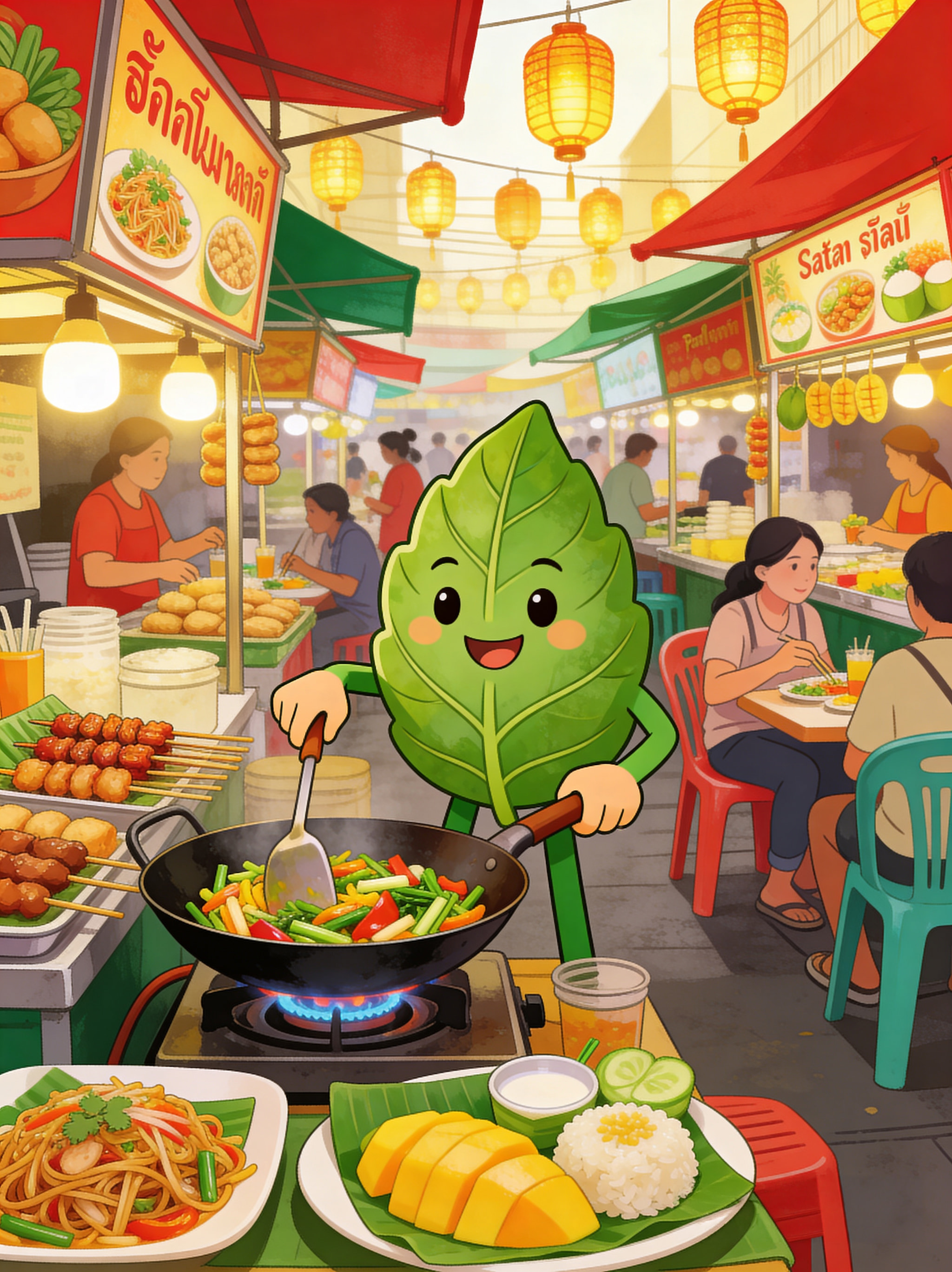 Cartoon leaf character cooking stir-fry in a vibrant Thai street food market