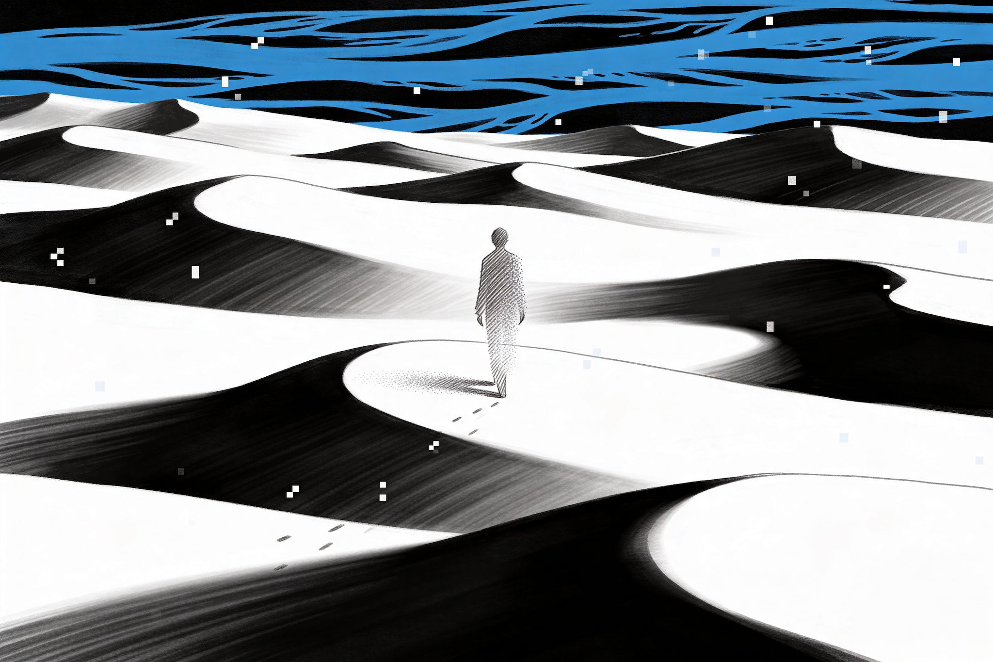 Lone figure walking through abstract black and white dunes under a vibrant blue patterned sky