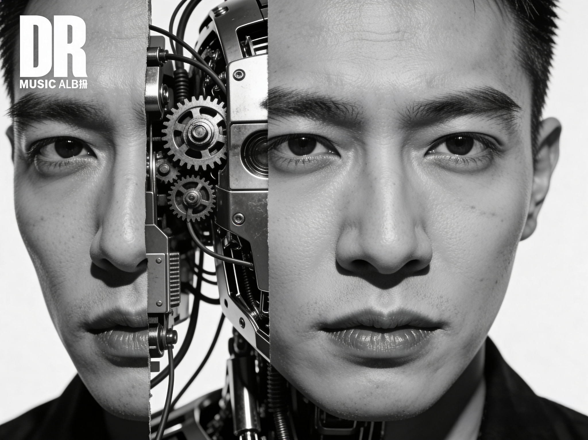Portrait of a man half-human and half-robot with visible gears and wires on a black and white background.