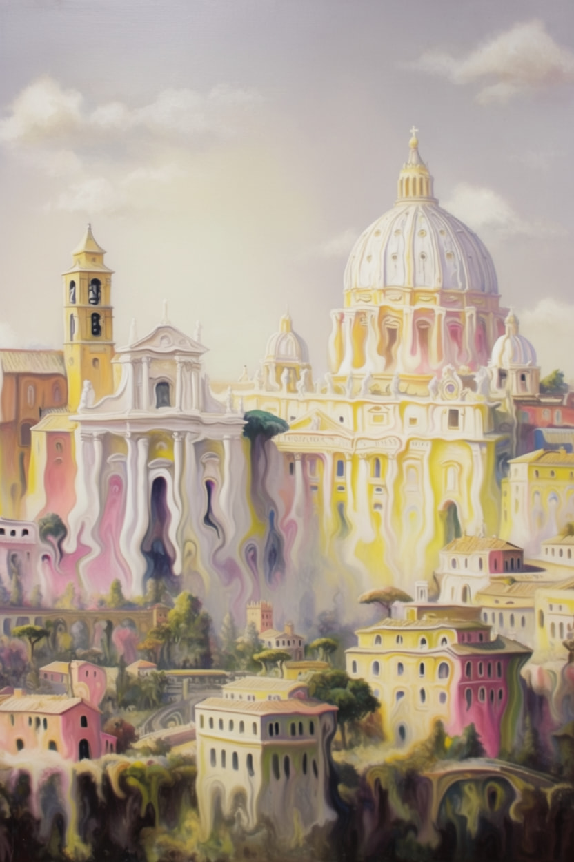 Surreal melting cityscape with St. Peter's Basilica and colorful buildings