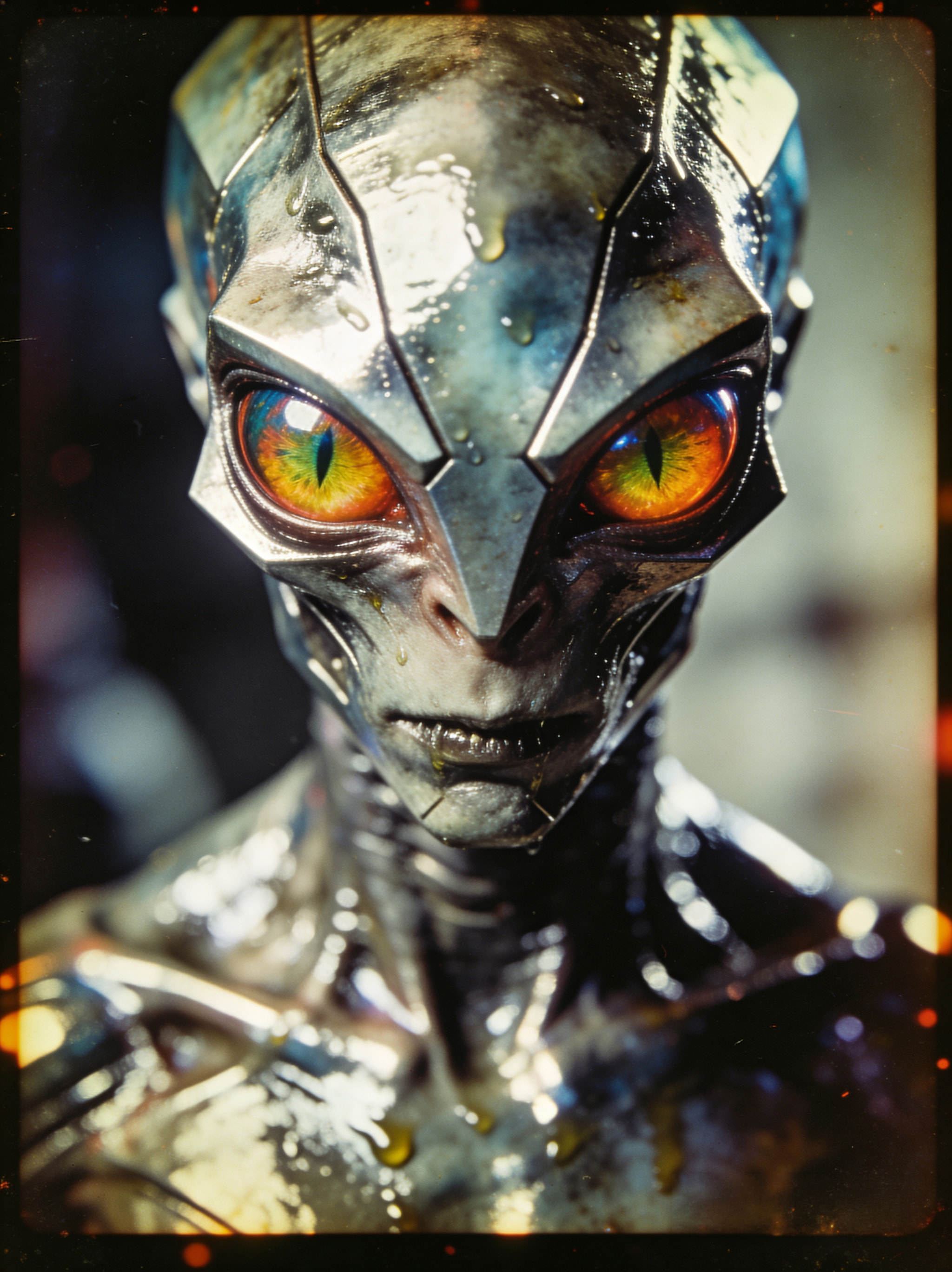 Close-up portrait of a humanoid alien with metallic skin and glowing orange eyes