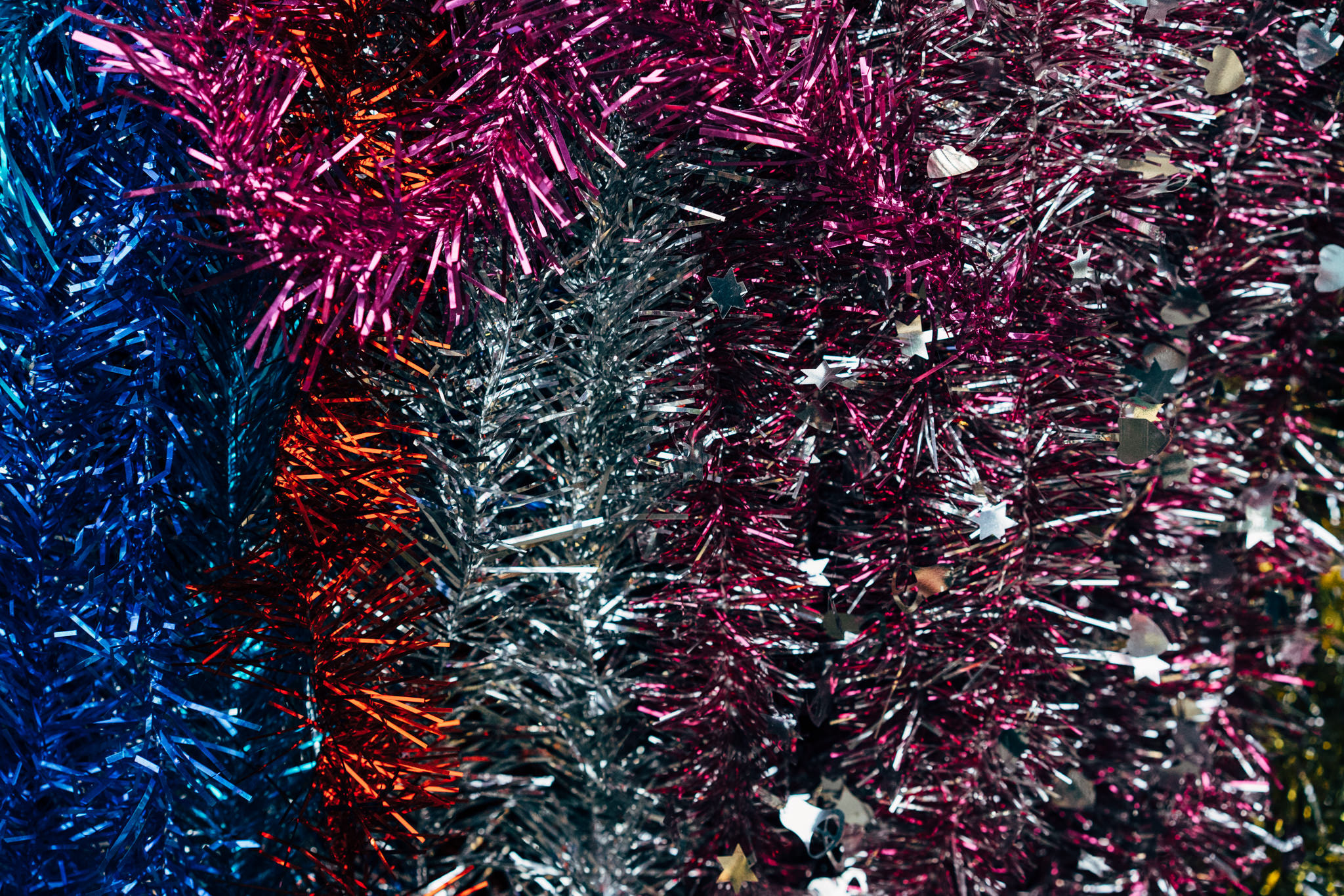 Colorful metallic tinsel garland close-up