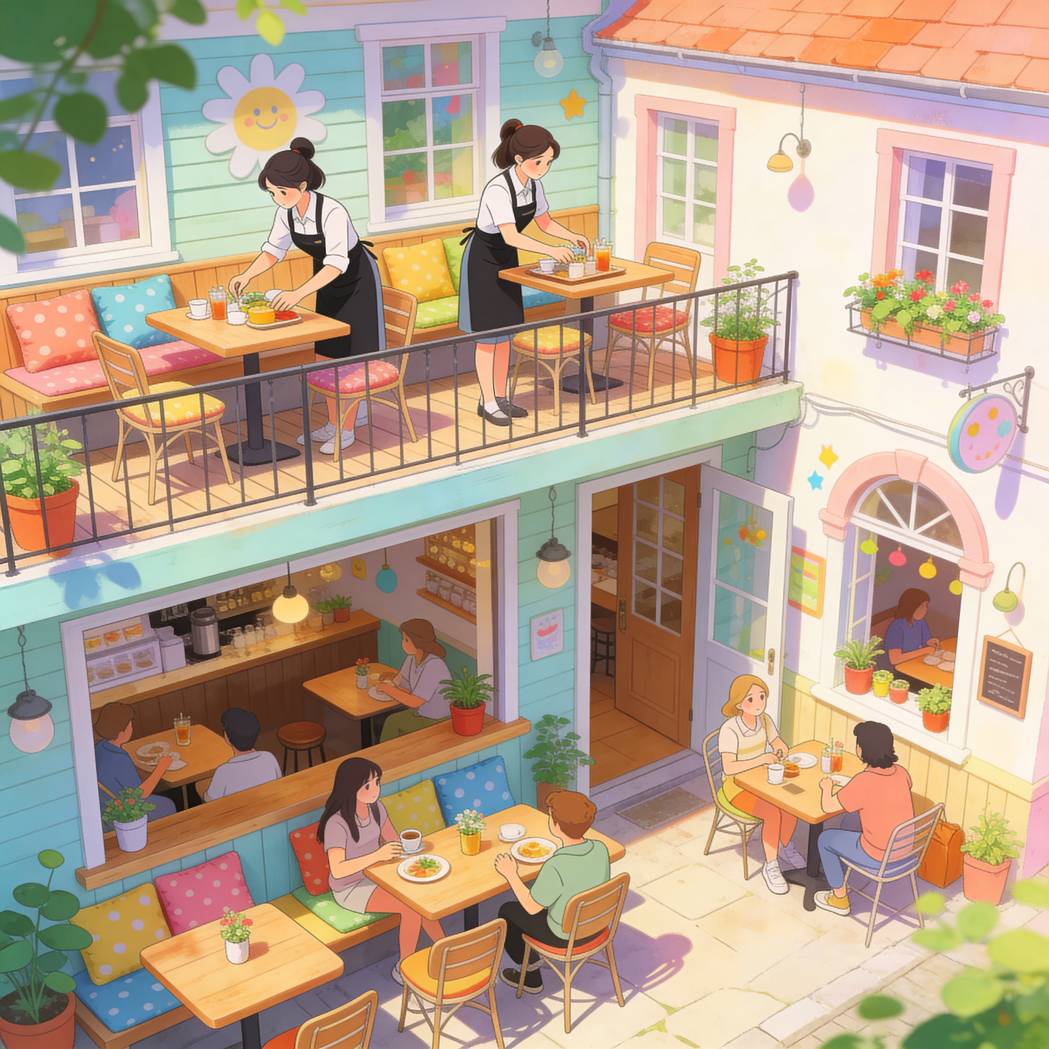 Two-story cafe building with outdoor patio seating and interior dining area