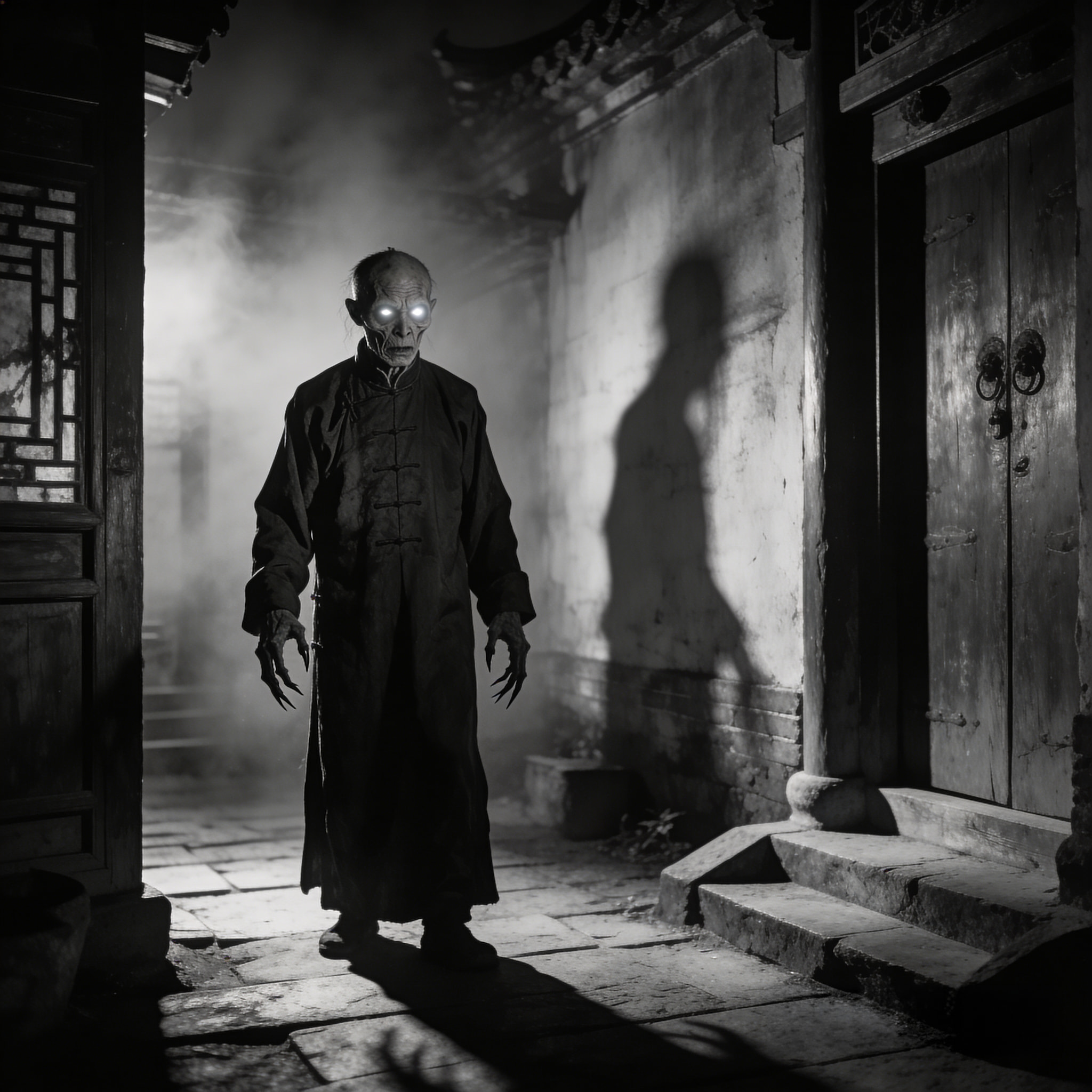 Pale creature with glowing eyes and long claws wearing a dark traditional robe standing in a misty courtyard