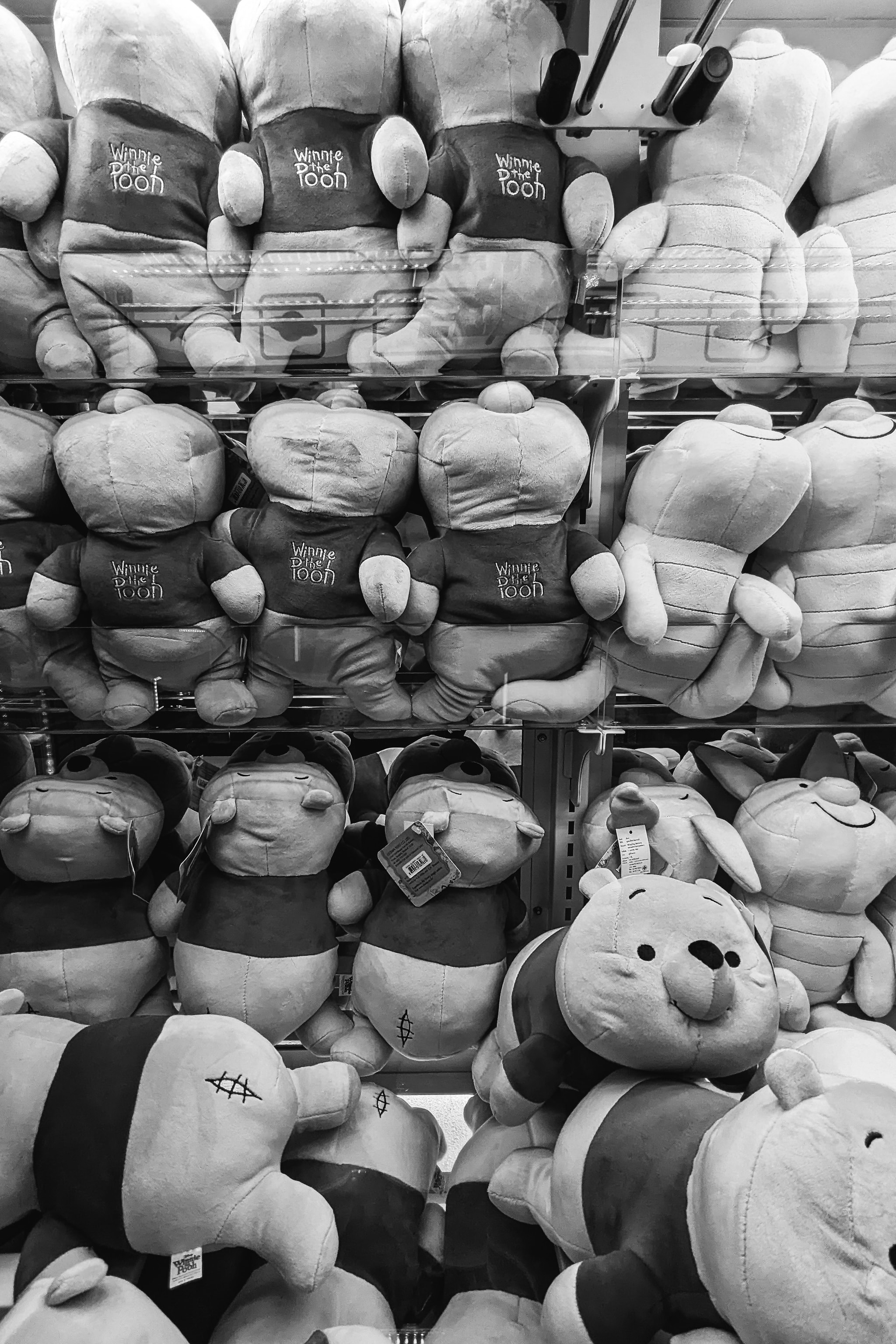 Rows of plush bear toys stacked on retail display shelves.