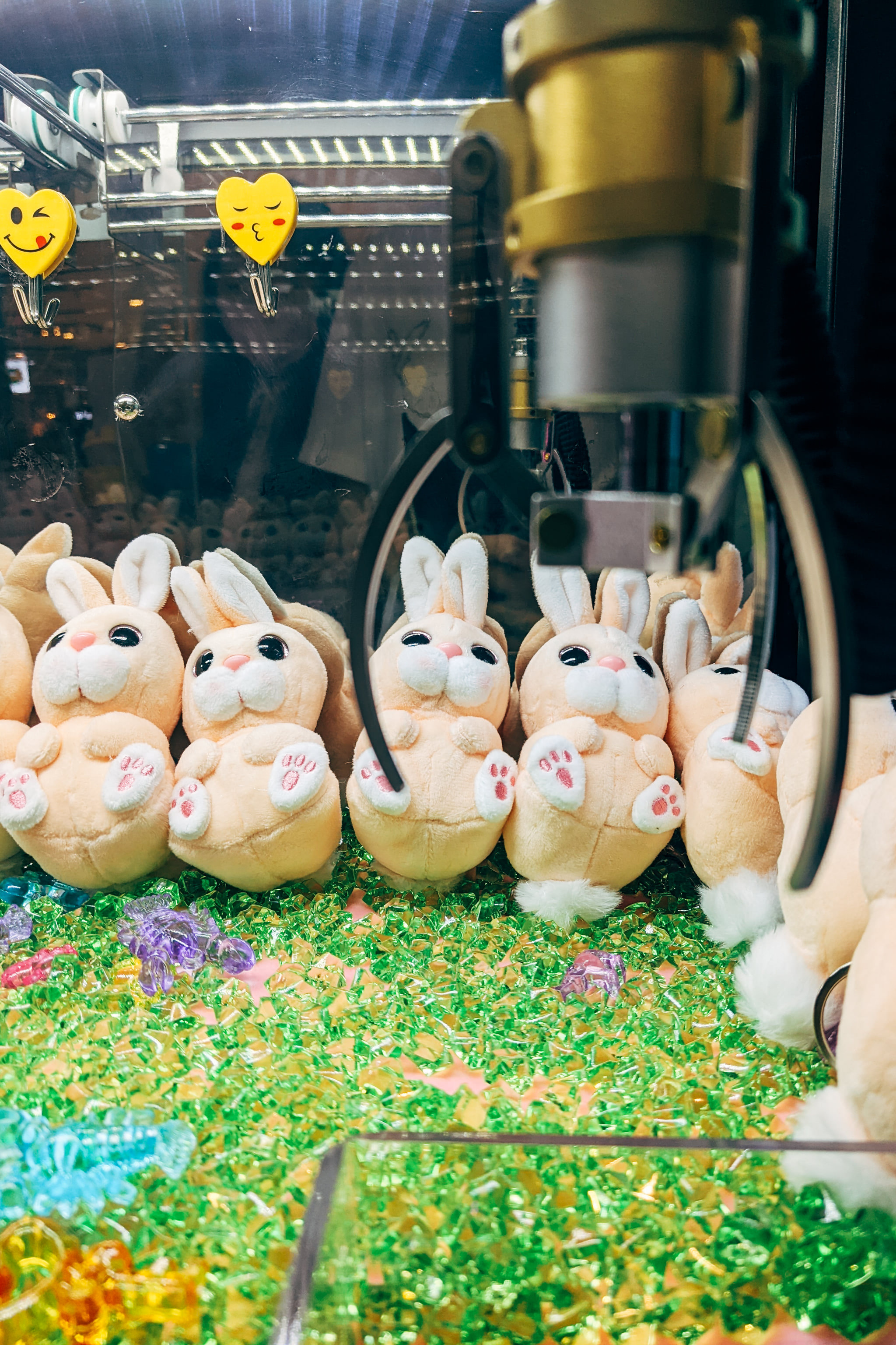 Row of plush rabbit toys inside a claw machine arcade game