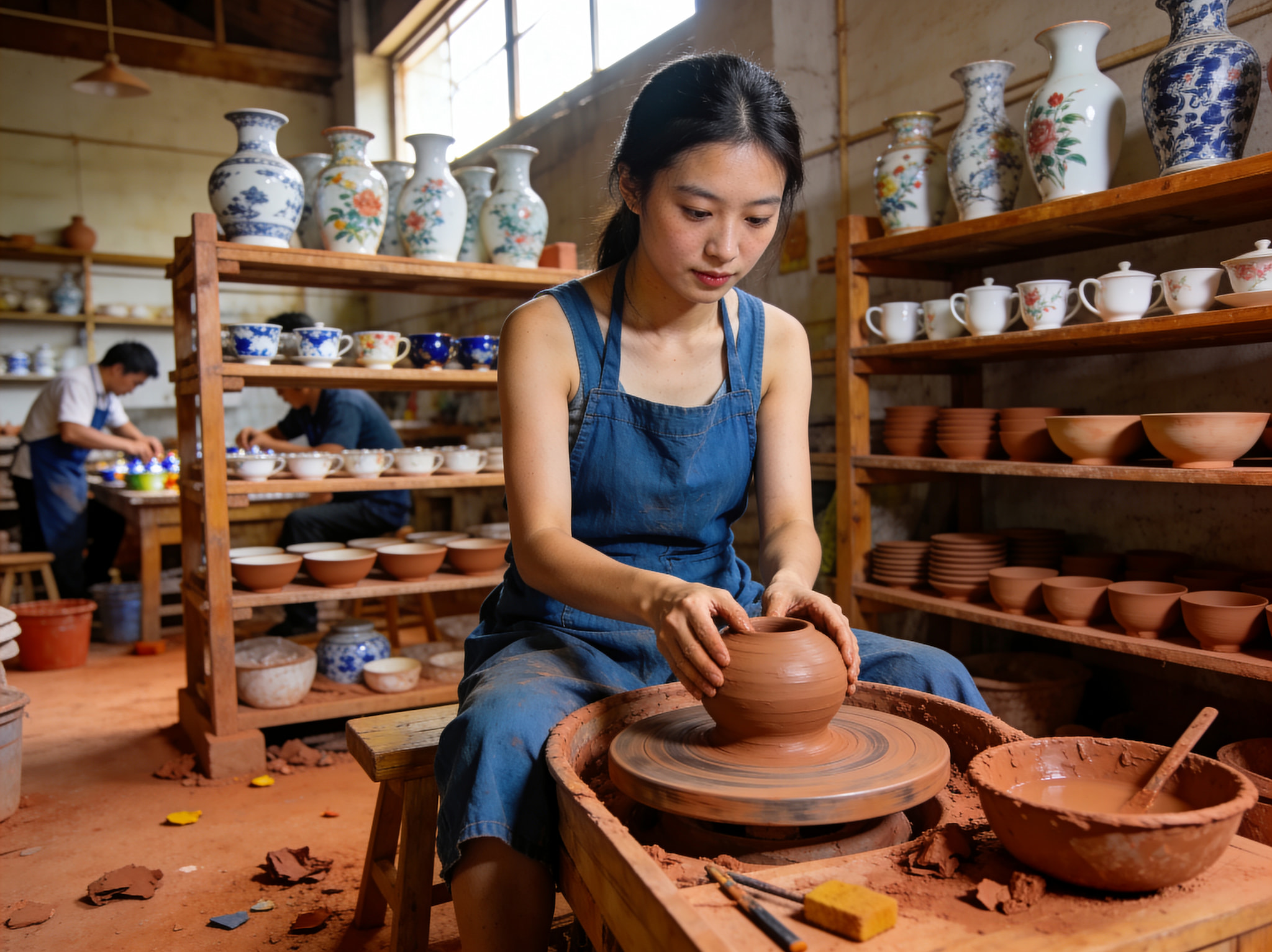 A young woman wearing a denim apron shaping a clay pot on a pottery wheel in a studio filled with ceramic wares.