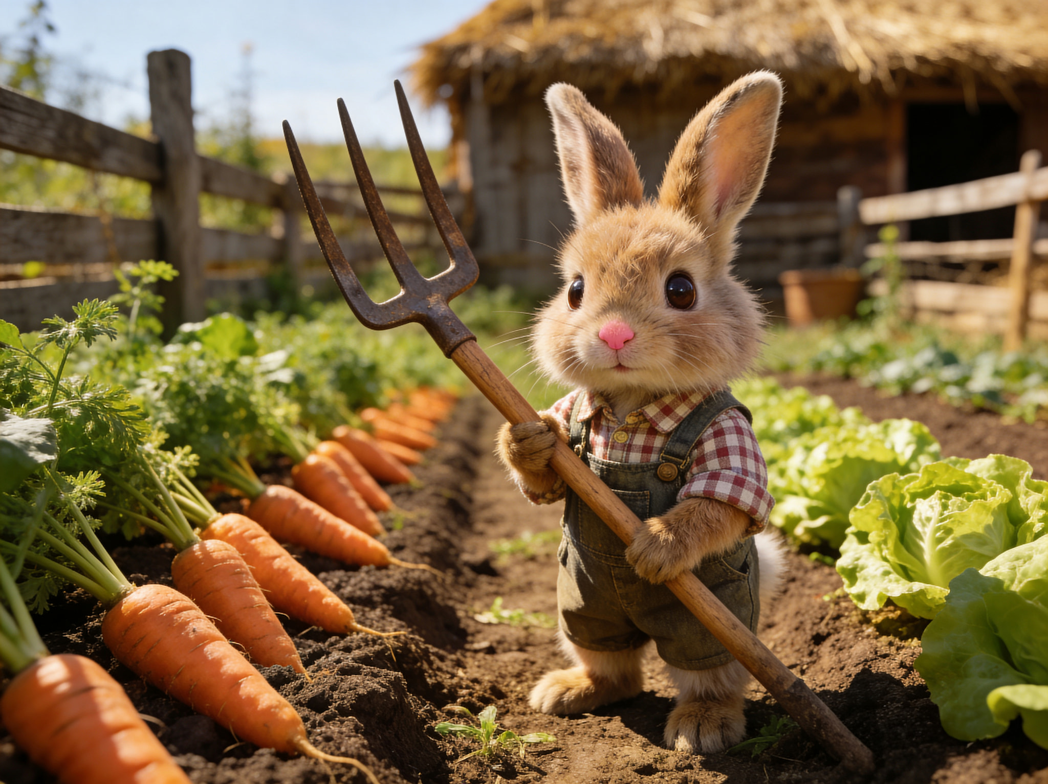 A cartoon rabbit dressed in overalls holding a pitchfork in a vegetable garden with carrots and lettuce.