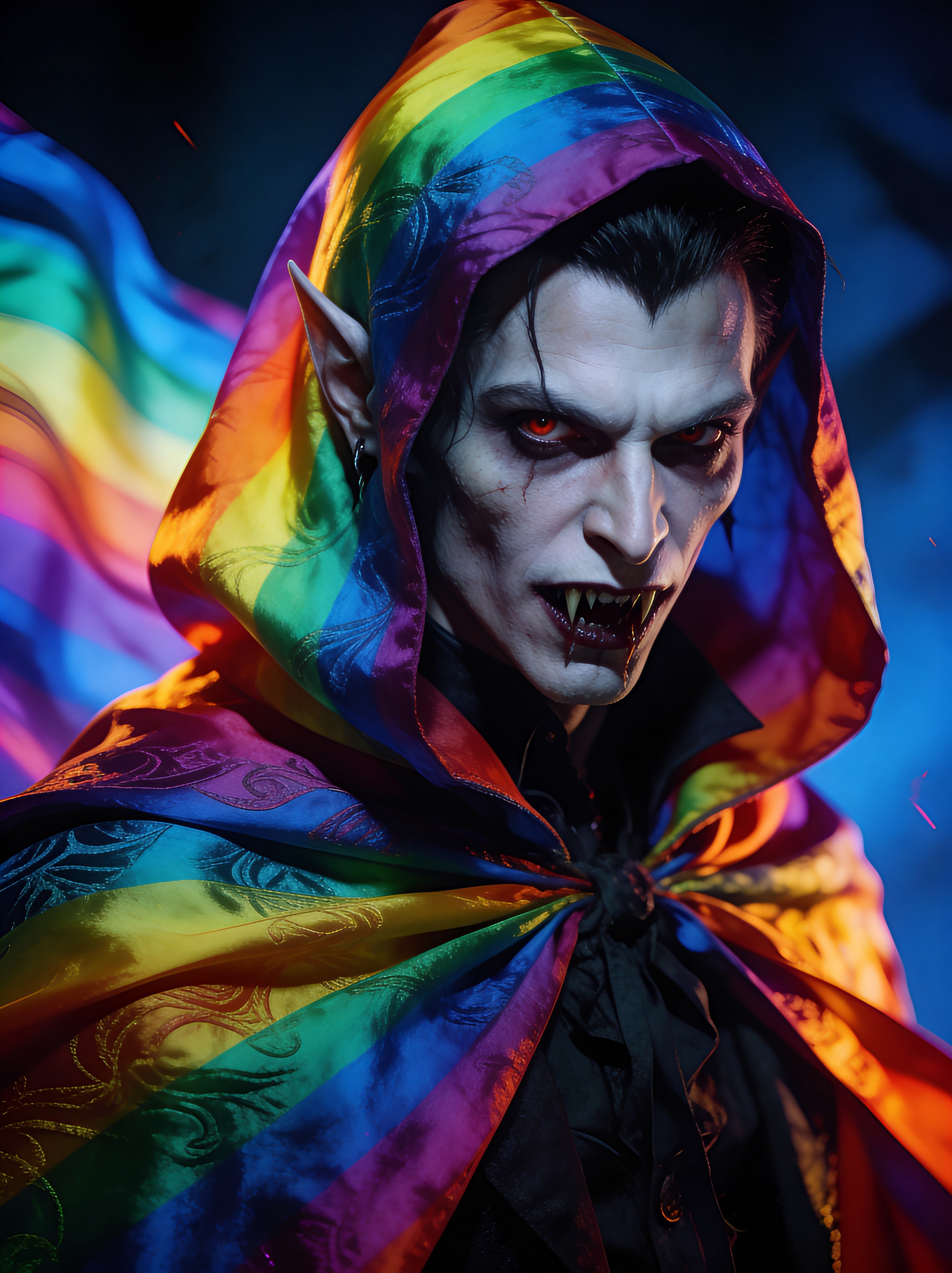 A close-up portrait of a male vampire with pale skin, pointed ears, and glowing red eyes, wearing a vibrant rainbow-colored cloak against a dark blue background.