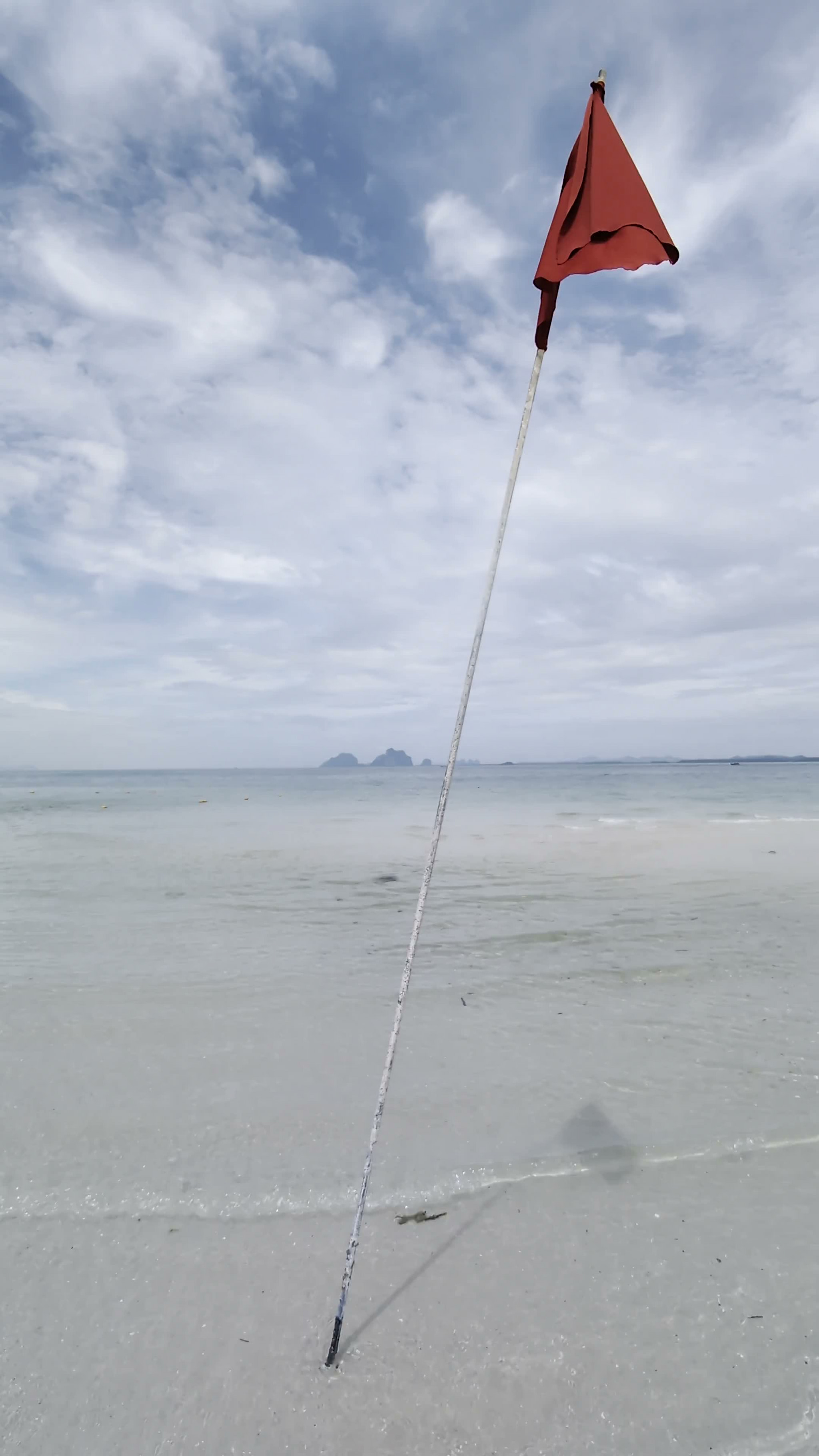 Red flag on pole in shallow beach water