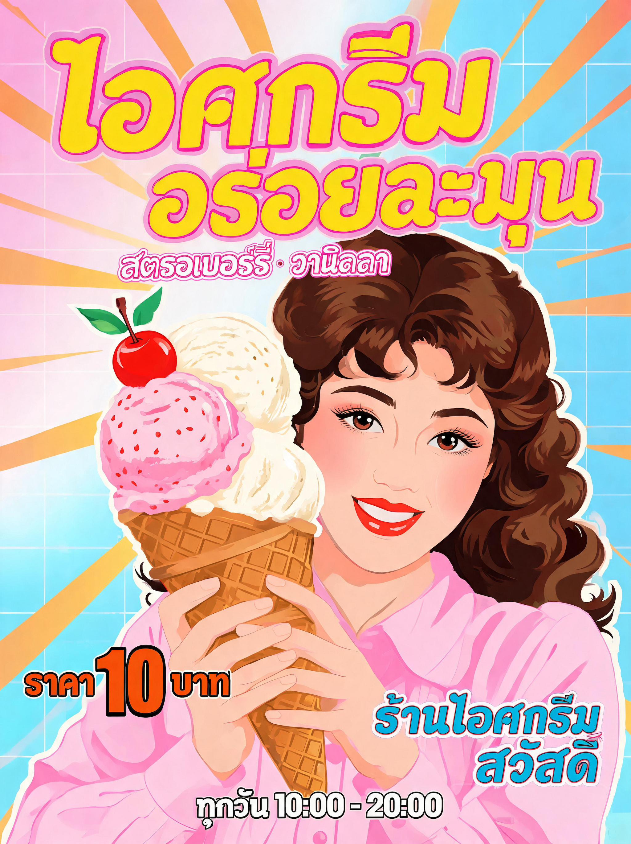 Retro-style illustration of a smiling woman holding a large ice cream cone with a cherry on top.