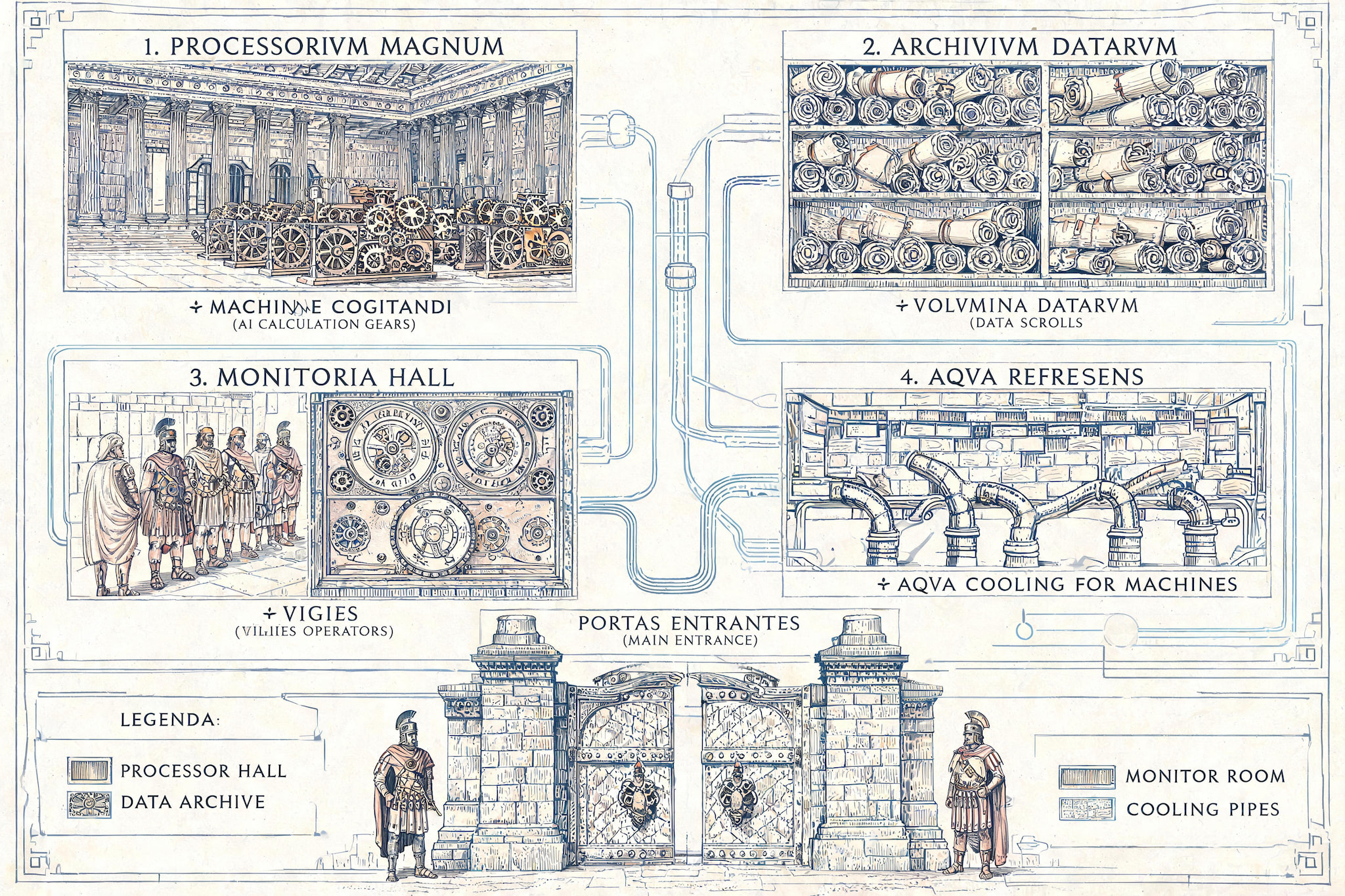 Blueprint of ancient Roman-style data center with processor hall, data archive, monitoring room, and cooling system illustrated in classical engraving style