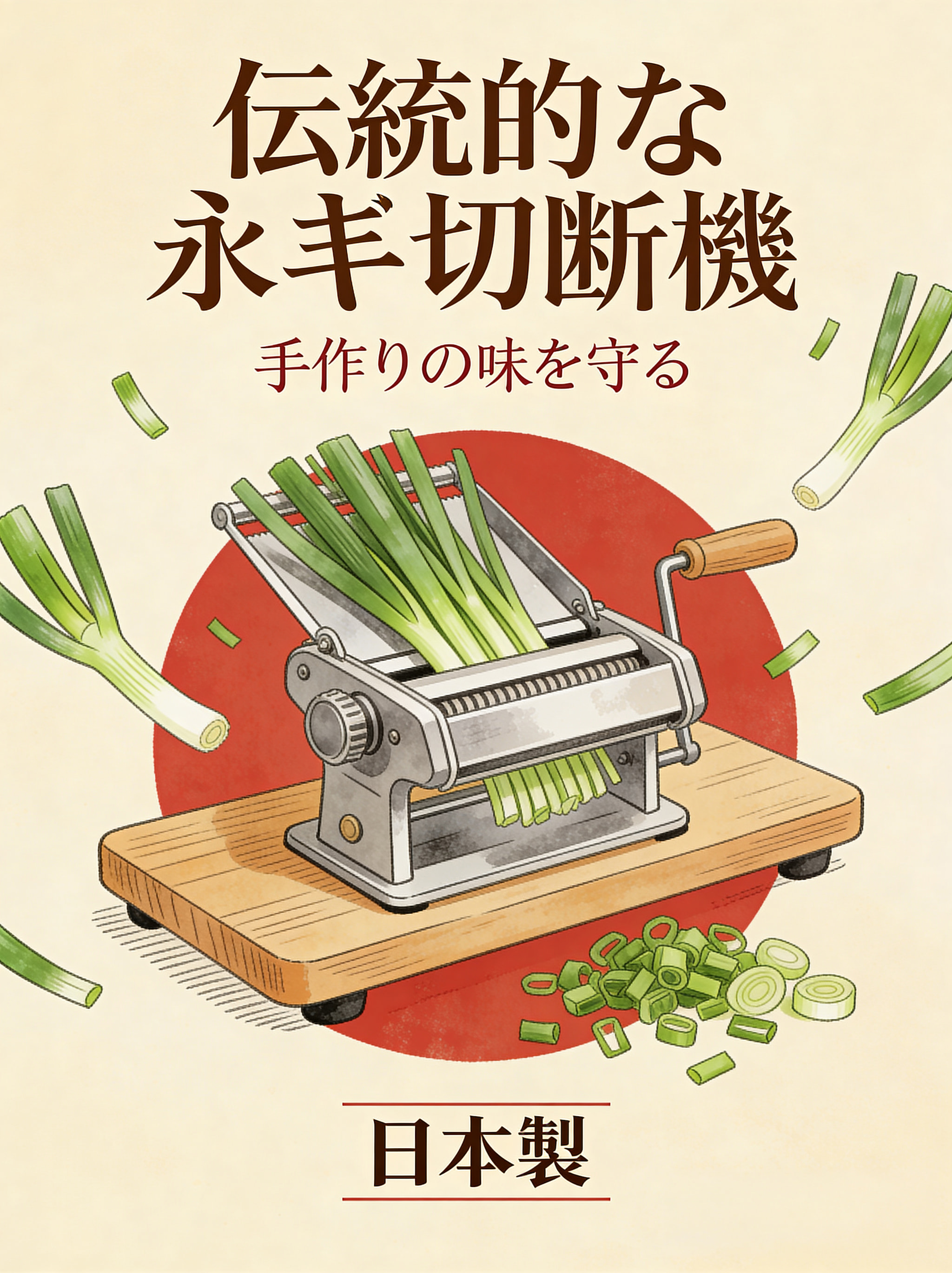 An illustration of a manual kitchen machine slicing scallions on a wooden cutting board with Japanese text overlay.