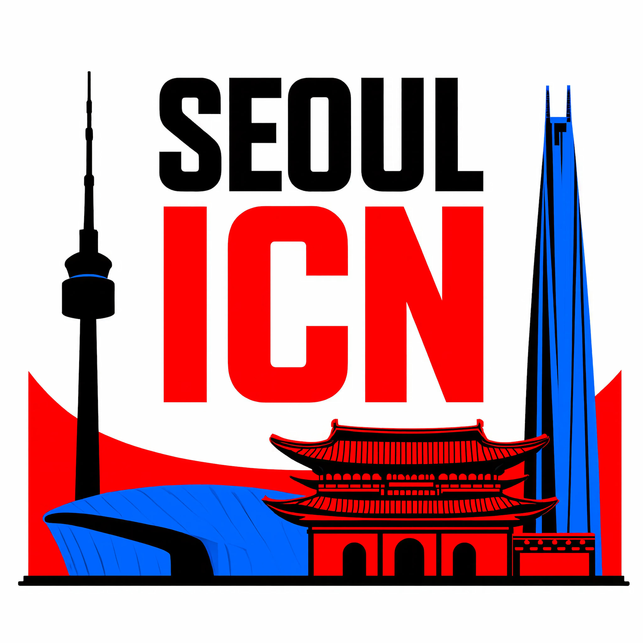 Seoul icon graphic featuring N Seoul Tower, traditional Korean pavilion, and modern skyscraper
