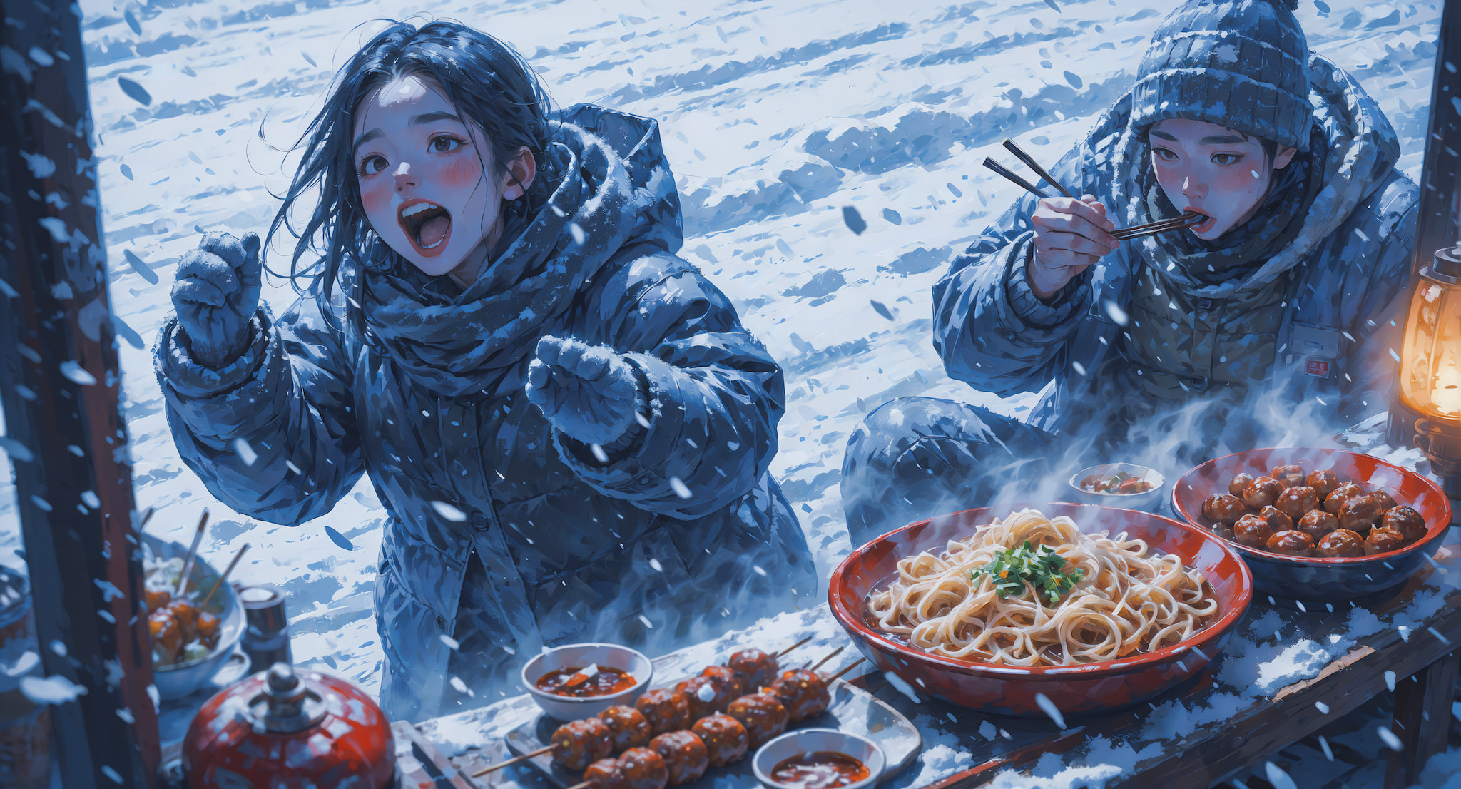 Two women in winter coats enjoying steaming hotpot and noodles at snowy outdoor food stall