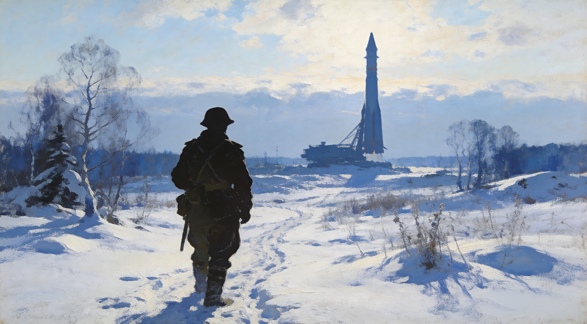 soldier walking through snow towards a rocket launcher in a winter landscape painting