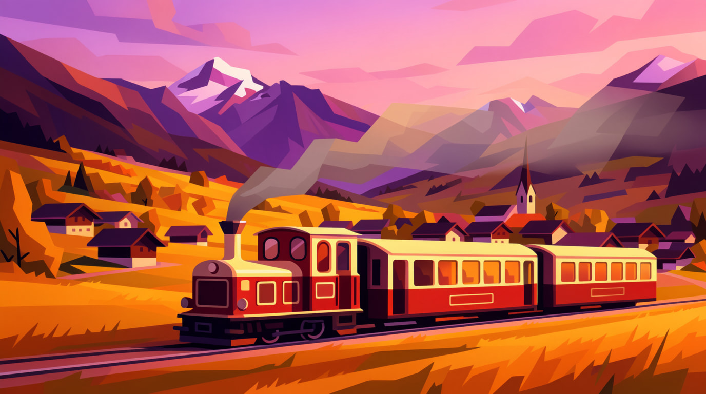 Red steam train traveling through colorful mountain village at sunset