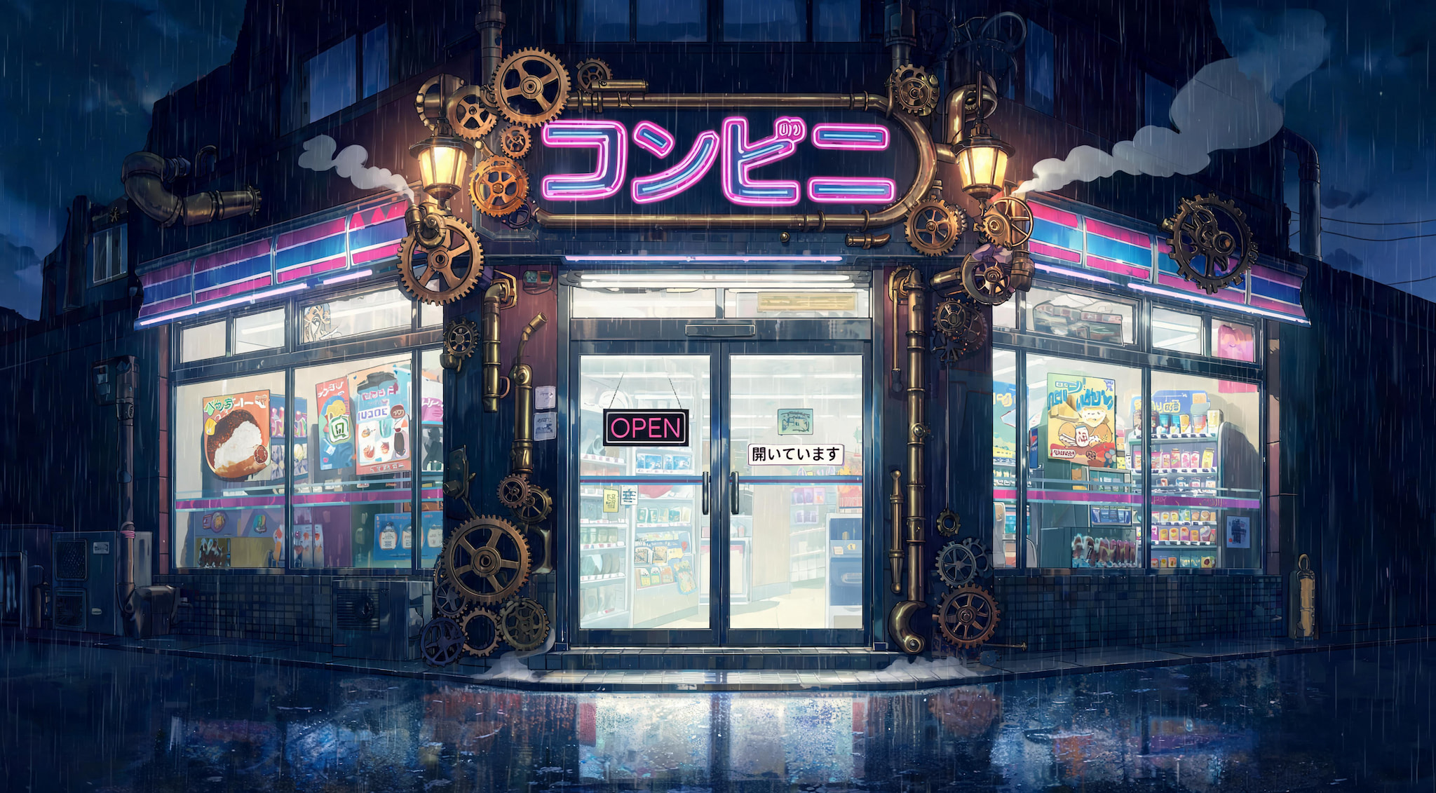 Steampunk convenience store glowing at night in the rain