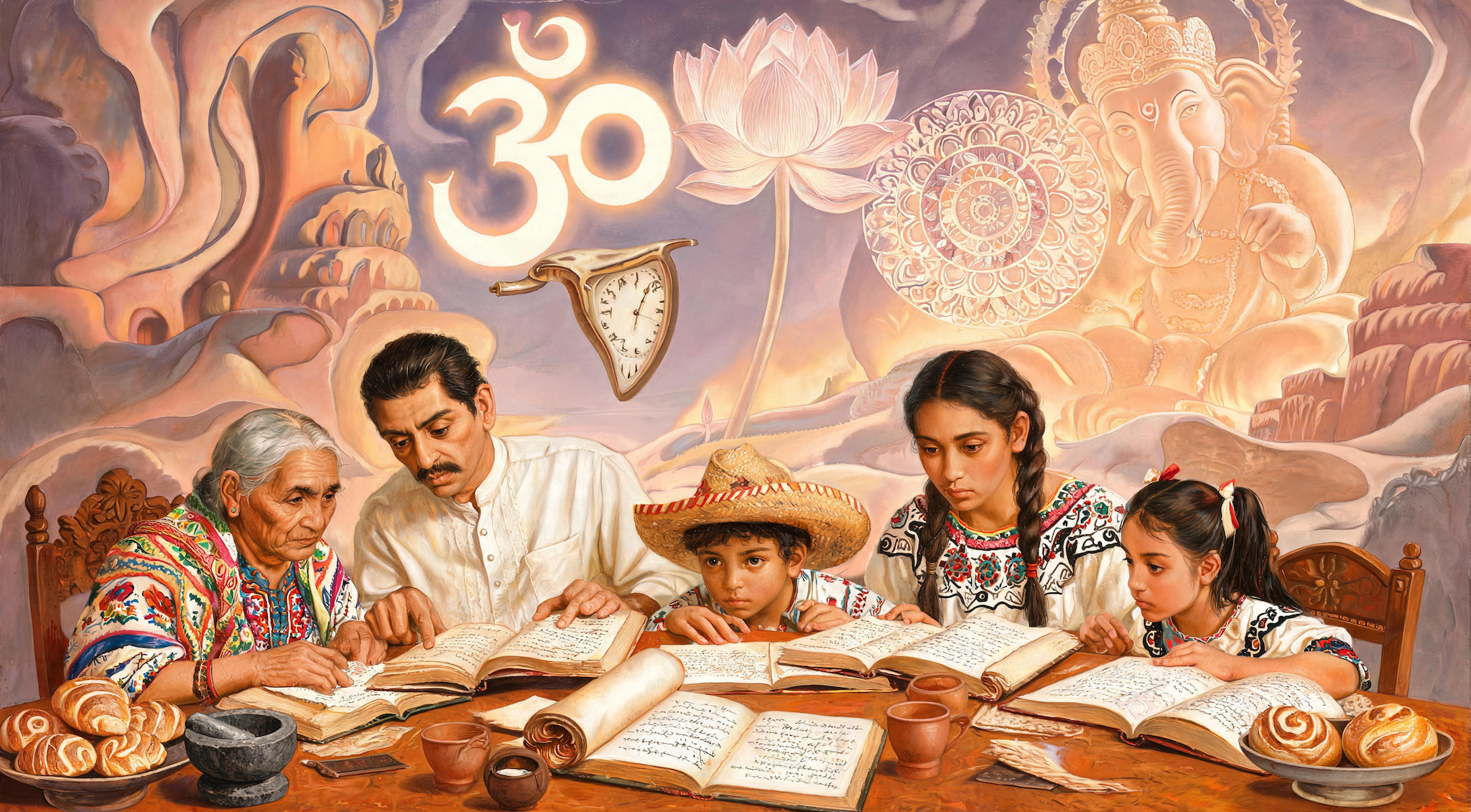 Surrealist painting of an Indian family studying ancient texts with spiritual symbols in the background
