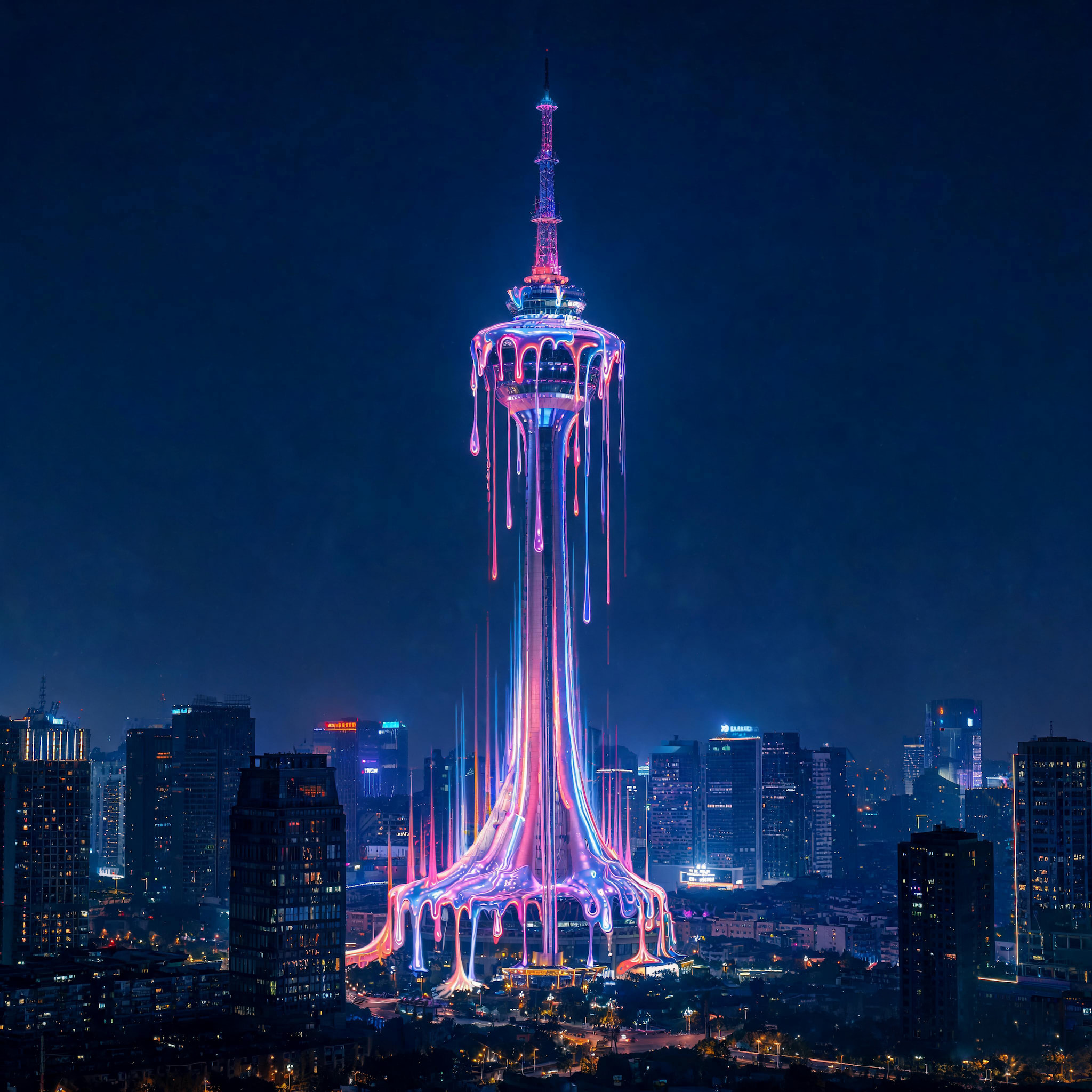 surreal digital art of a city tower melting into colorful liquid