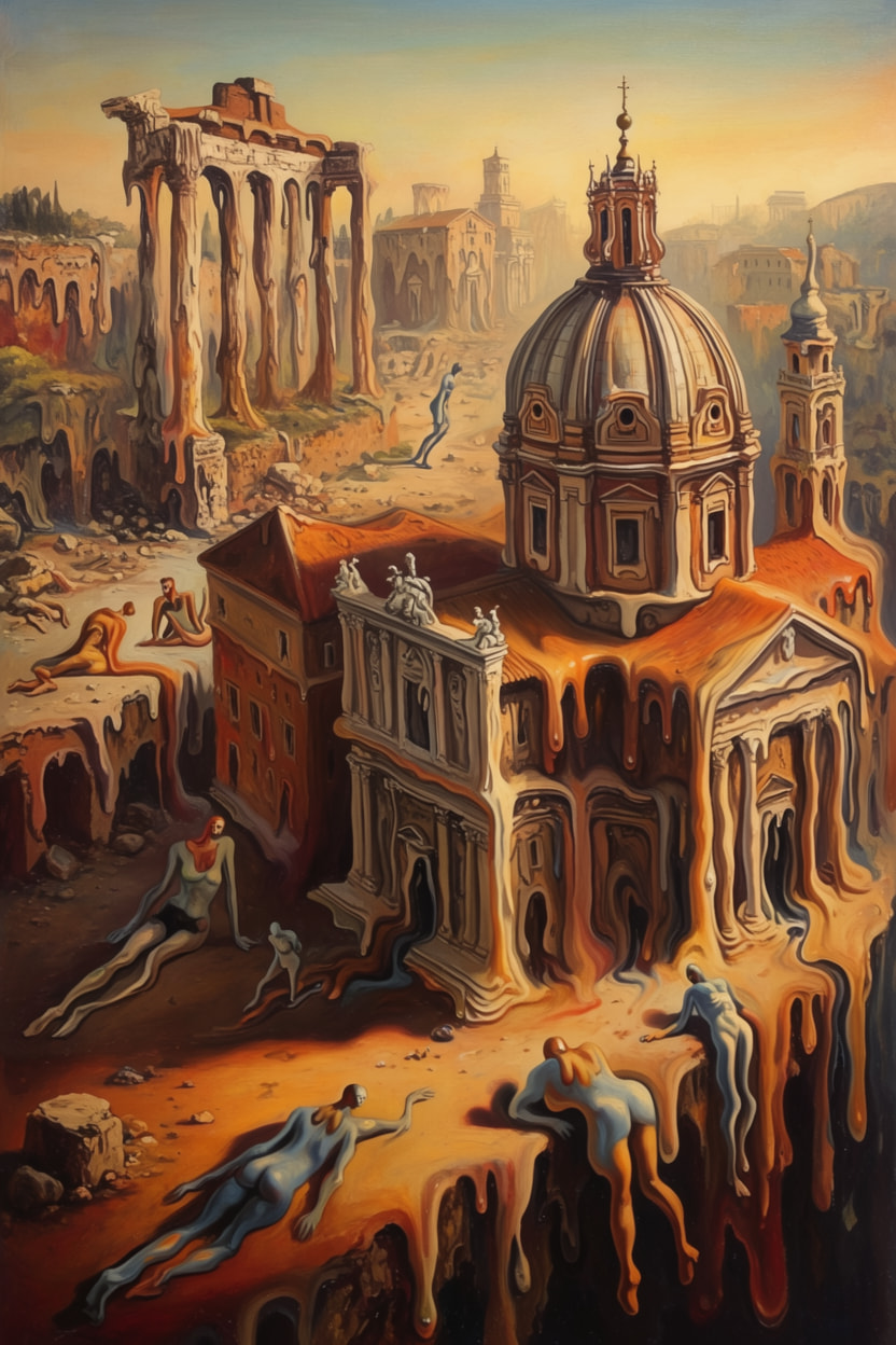 Surrealist painting of melting classical architecture and distorted human figures in a golden wasteland