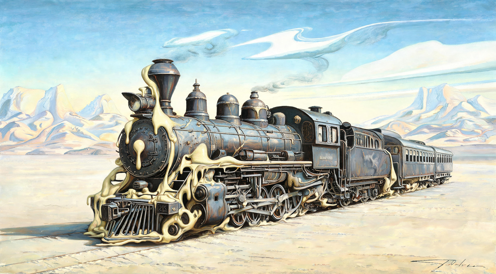 Surrealist painting of a steam locomotive melting into a desert landscape with snowy mountains in the background.