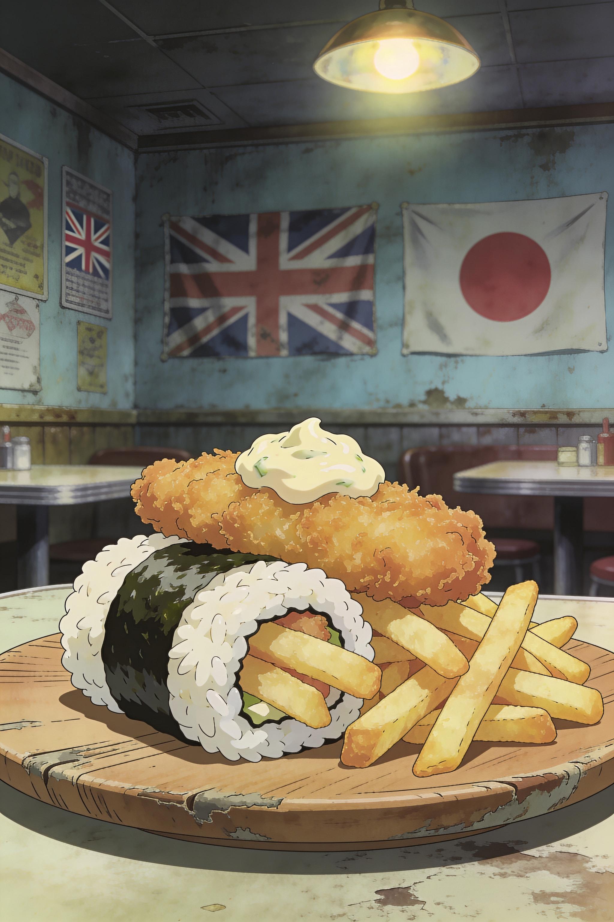 A fusion dish on a wooden board featuring a sushi roll filled with fries topped with a breaded cutlet and tartar sauce, set against a retro diner backdrop with British and Japanese flags.