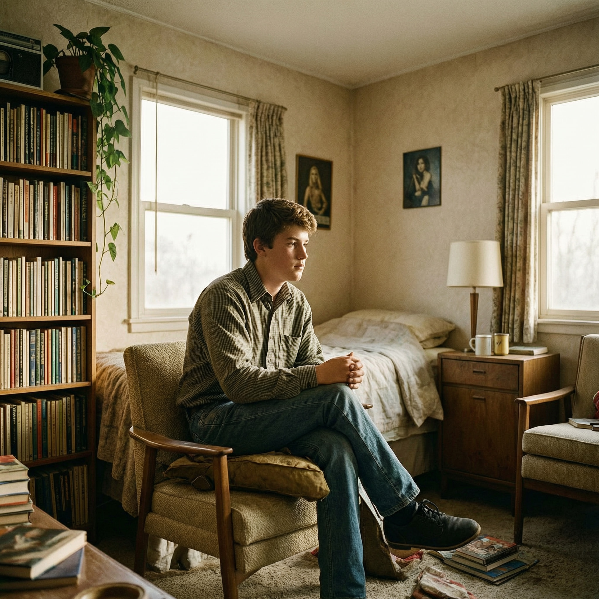 Teen boy sitting pensively in armchair in retro-styled bedroom