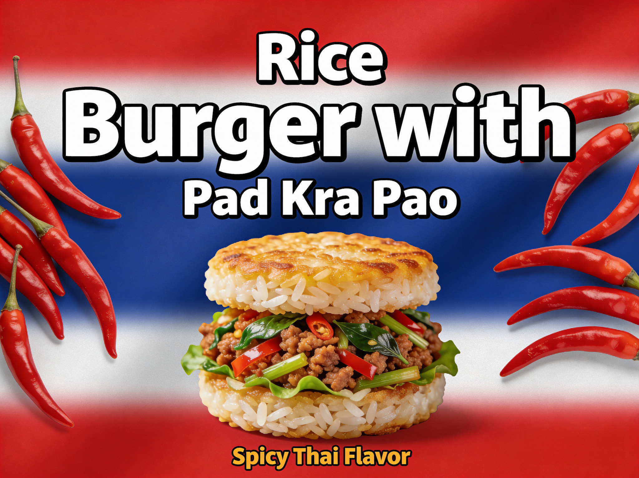 Rice burger with Pad Kra Pao filling and red chilies
