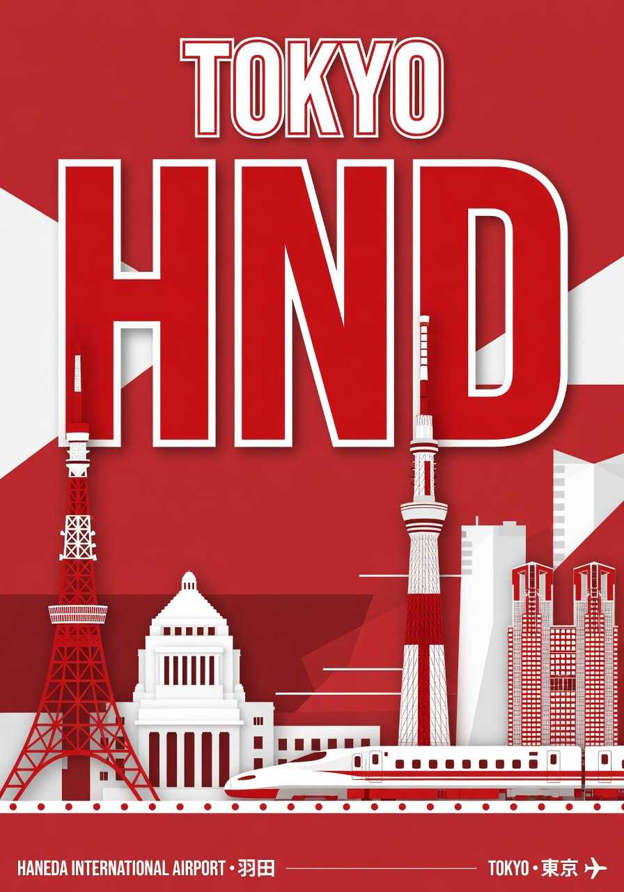 Tokyo travel poster with red and white cityscape featuring Tokyo Tower, Skytree, bullet train and airport text