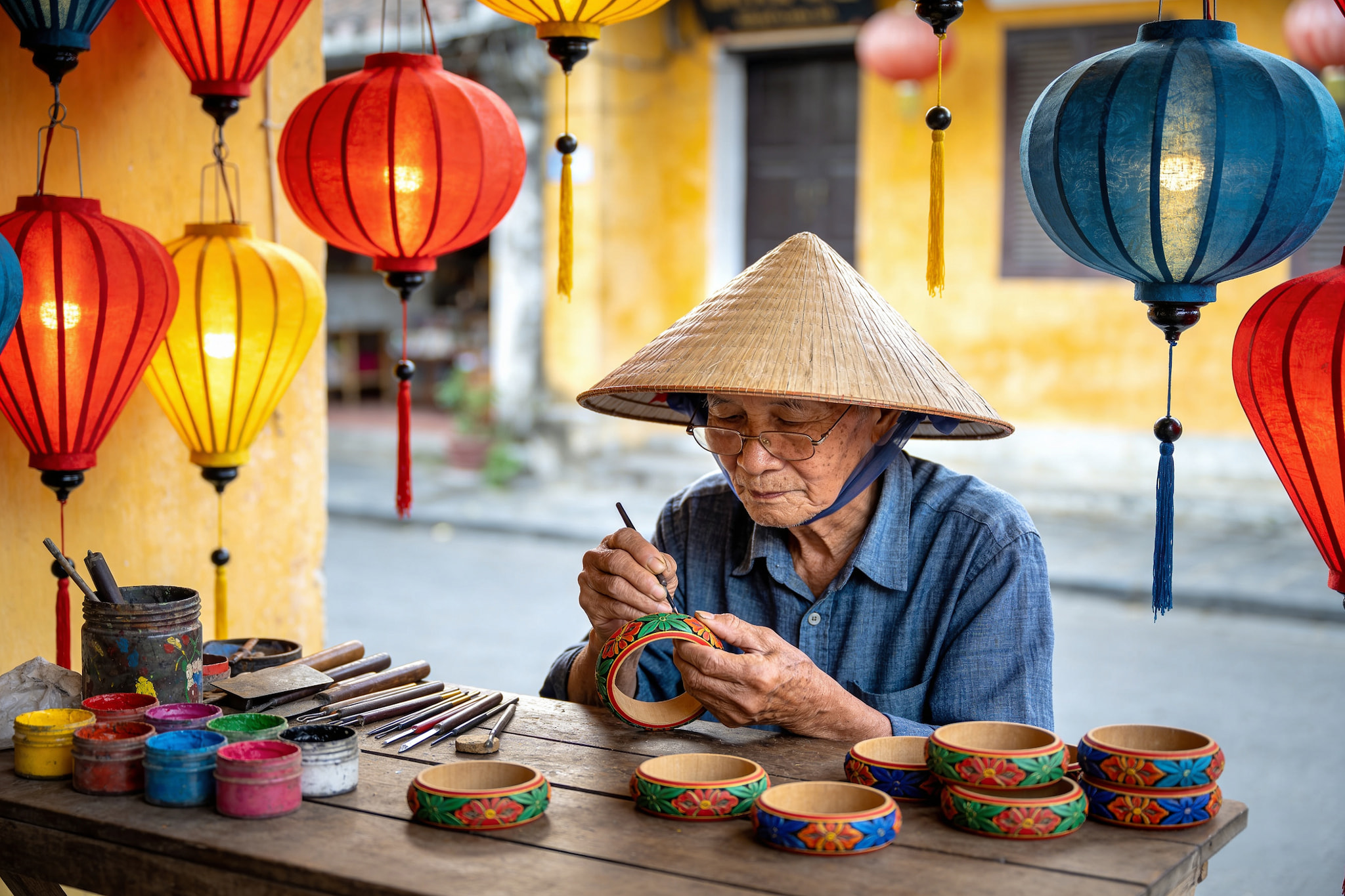 Elderly artisan painting patterns on wooden bangles under colorful silk lanterns