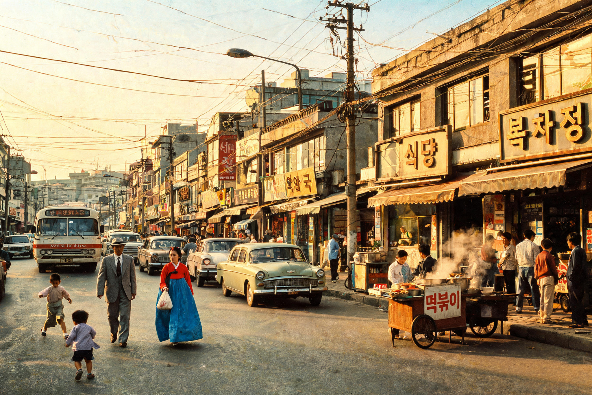 vintage street scene in south korea with vintage cars and people