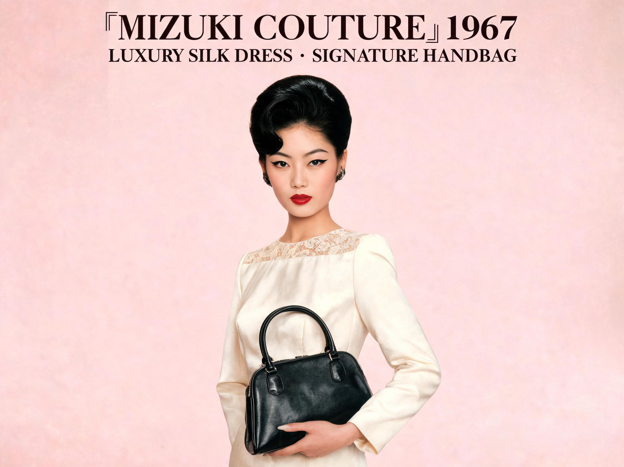 Woman in a vintage 1960s luxury silk dress and black handbag
