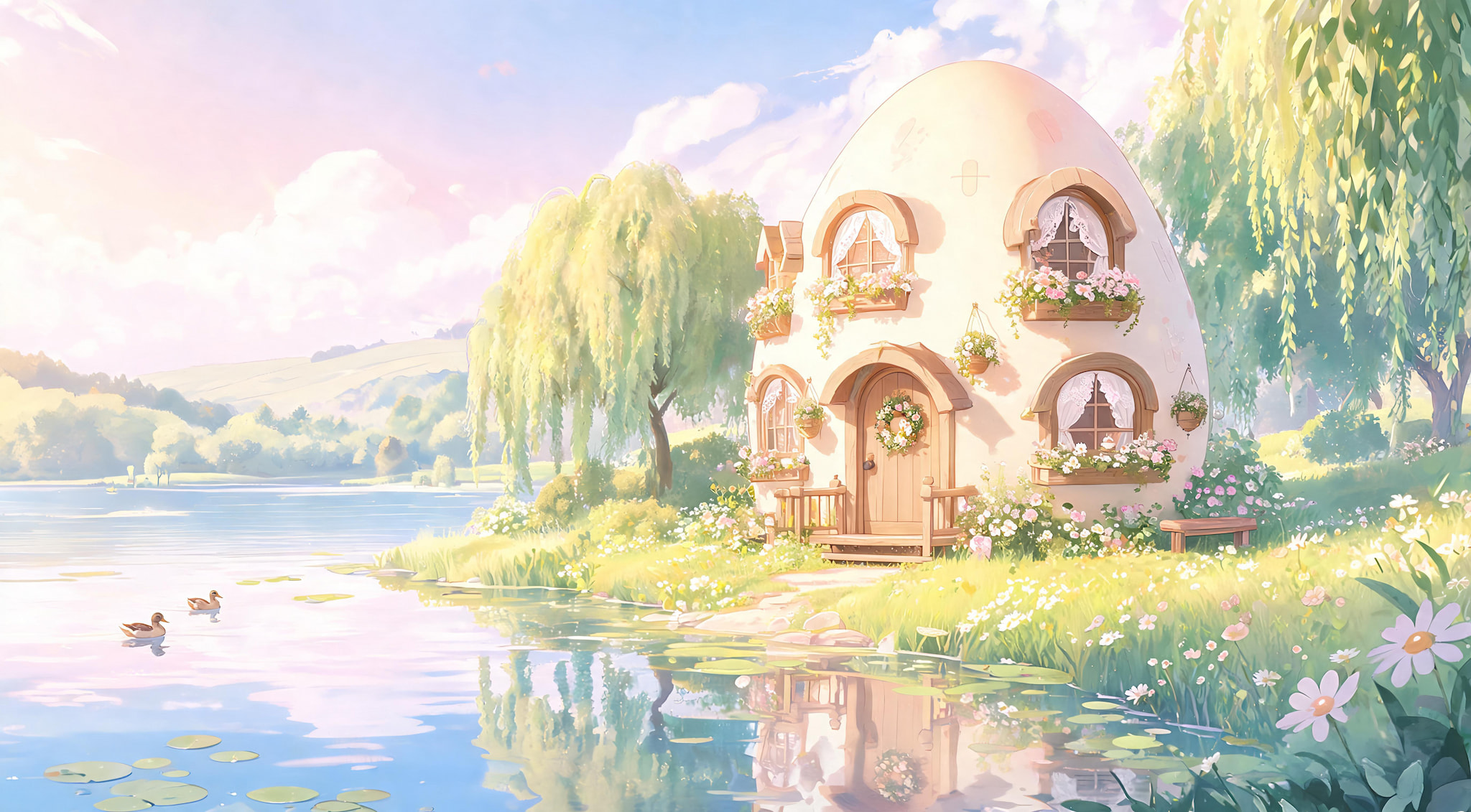 Whimsical egg-shaped cottage by a serene lake