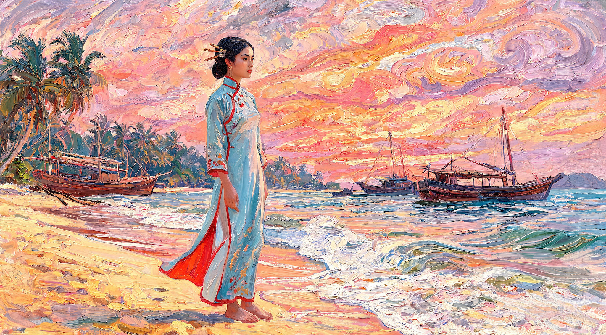 woman in light blue ao dai on beach at sunset