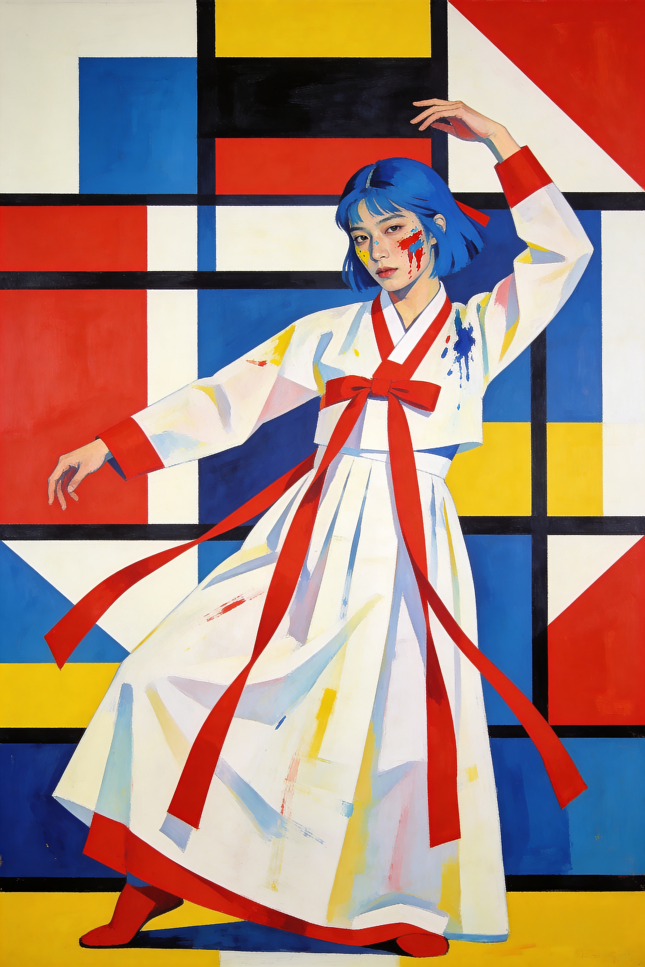Painting of a woman with blue hair in a white hanbok against a geometric background