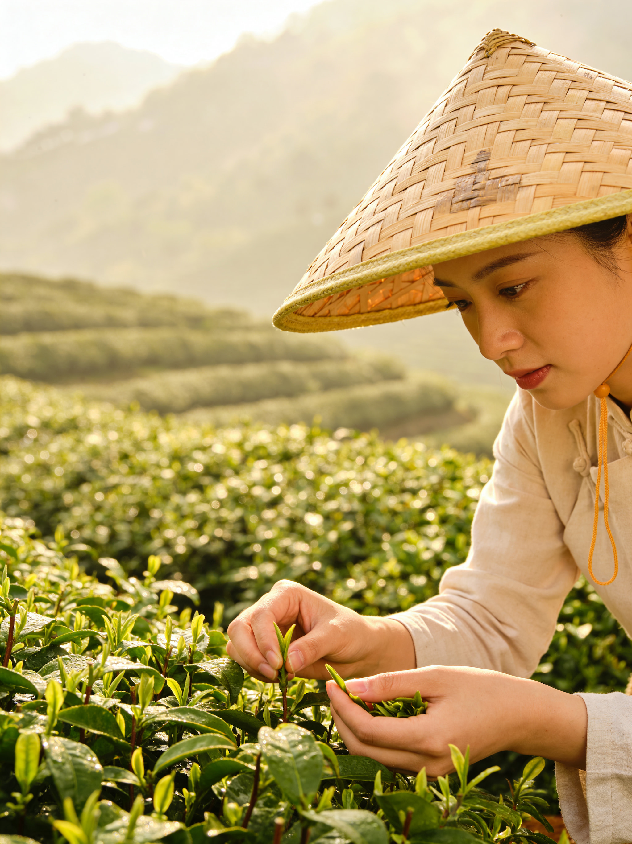 A woman wearing a traditional bamboo hat harvesting tea leaves on a sunlit hillside plantation.