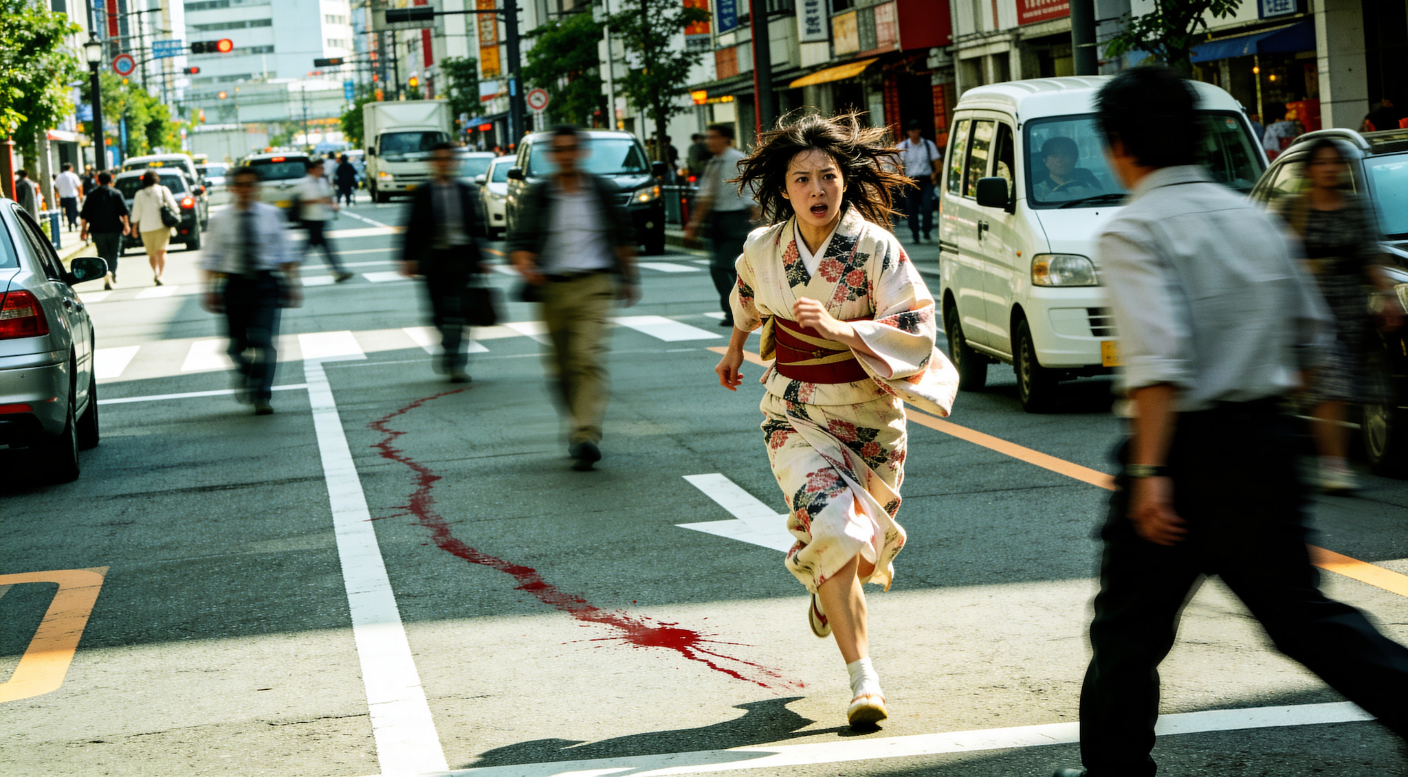 A woman in a floral kimono running through a crowded Japanese street with a trail of blood on the asphalt.